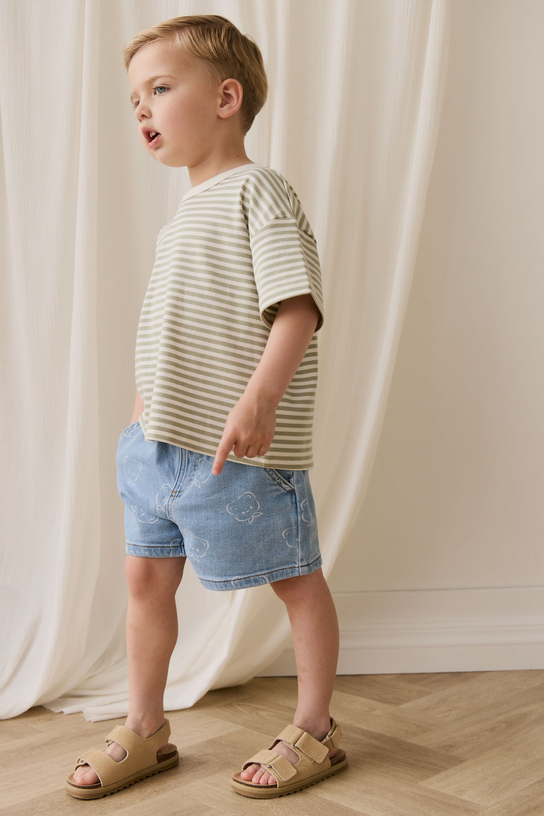 Pima Cotton Wesley Tee - Narrow Stripe Lichen / Cloud Childrens Top from Jamie Kay NZ