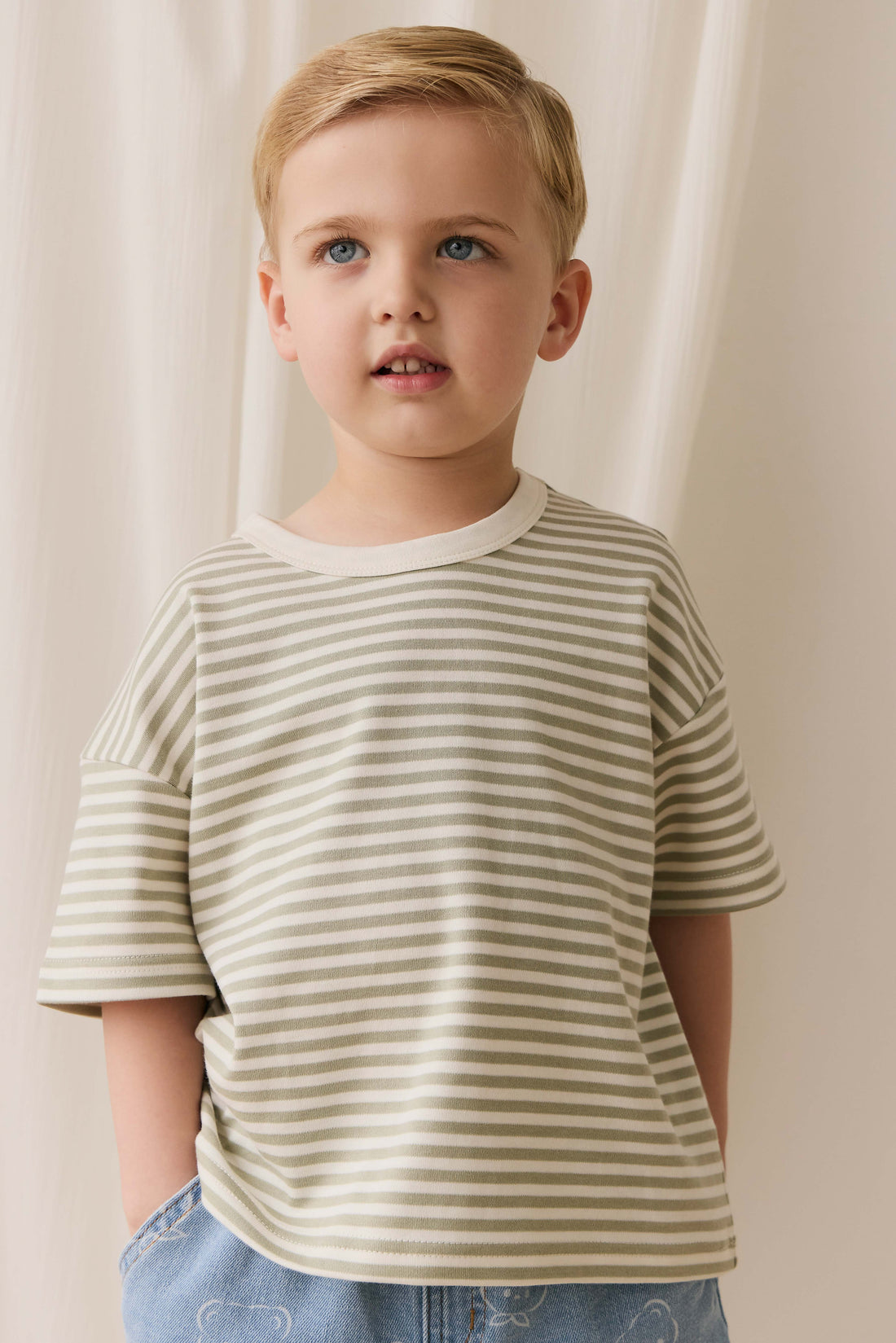 Pima Cotton Wesley Tee - Narrow Stripe Lichen / Cloud Childrens Top from Jamie Kay NZ