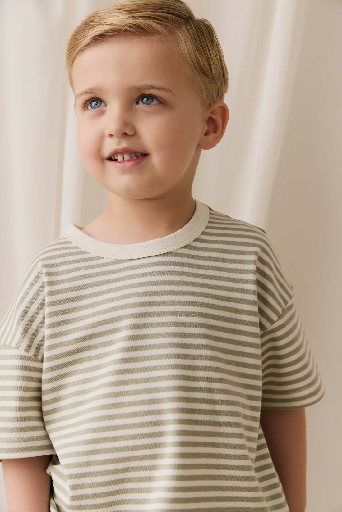 Pima Cotton Wesley Tee - Narrow Stripe Lichen / Cloud Childrens Top from Jamie Kay NZ