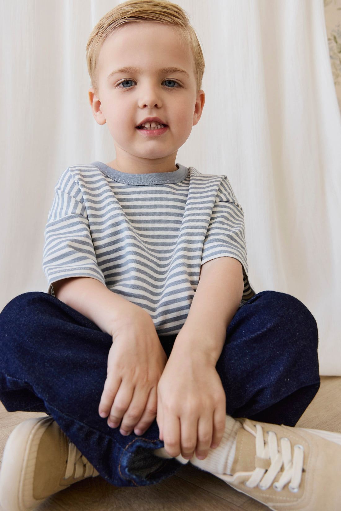 Pima Cotton Wesley Tee - Narrow Stripe Dawn/Cloud Childrens Top from Jamie Kay NZ