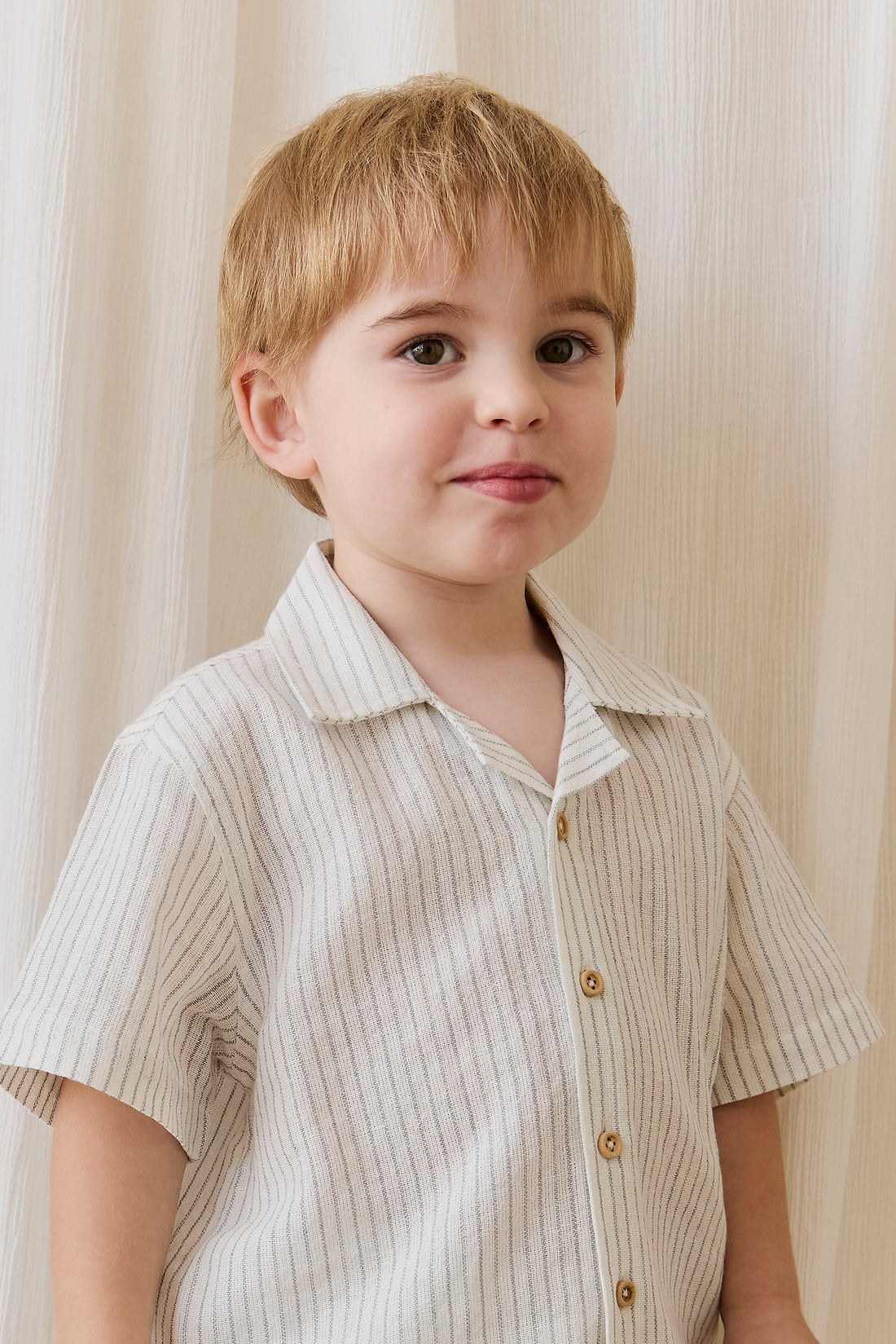 Organic Cotton Silas Shirt - Mini Pinstripe Parchment/Dawn Childrens Top from Jamie Kay NZ