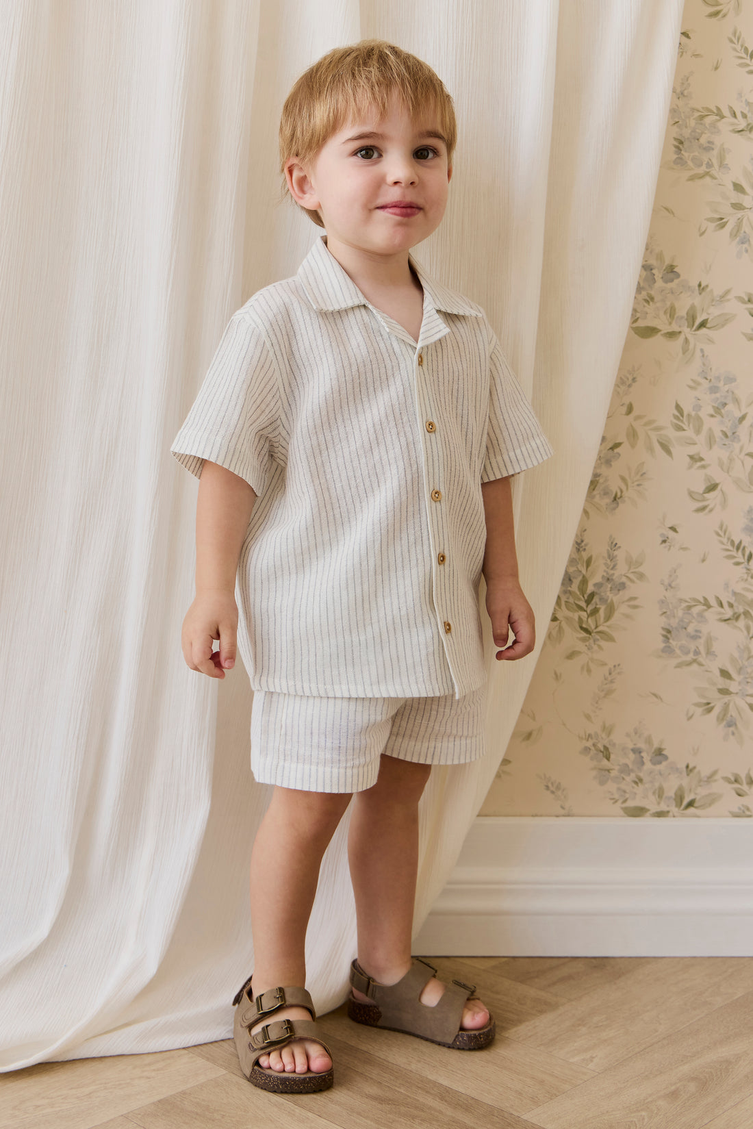 Organic Cotton Louis Short - Mini Pinstripe Parchment/Dawn Childrens short from Jamie Kay NZ