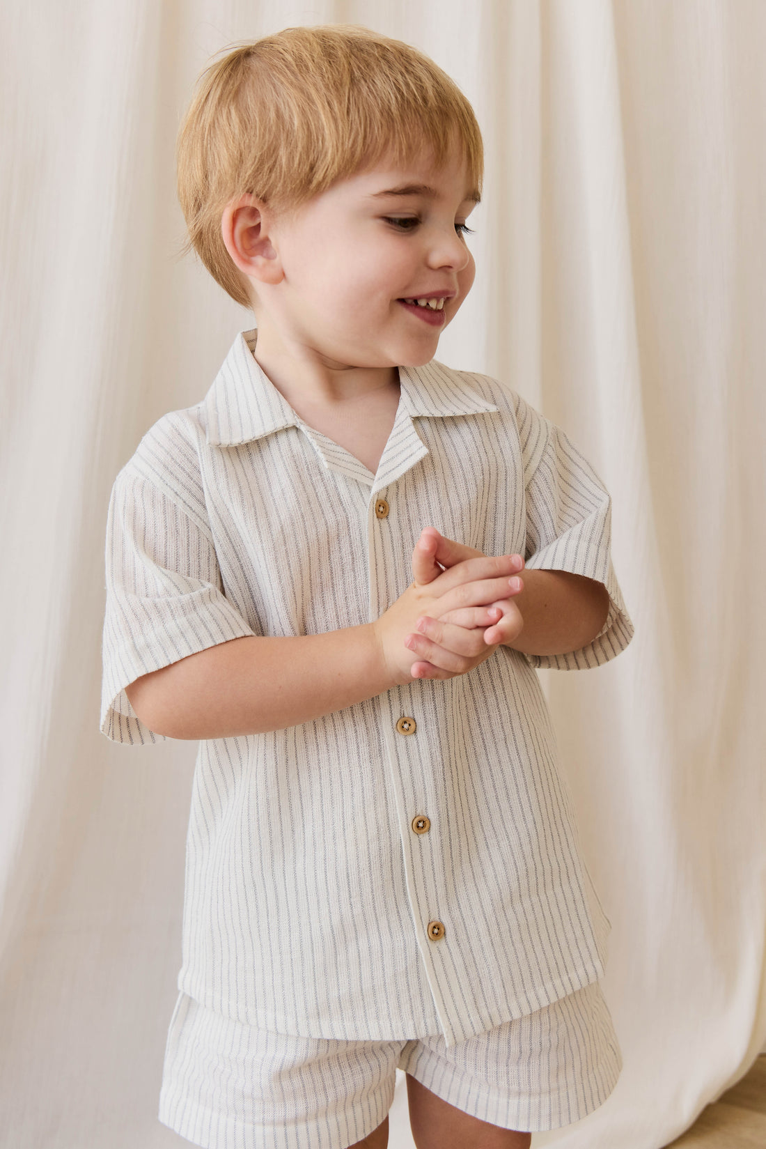 Organic Cotton Louis Short - Mini Pinstripe Parchment/Dawn Childrens short from Jamie Kay NZ