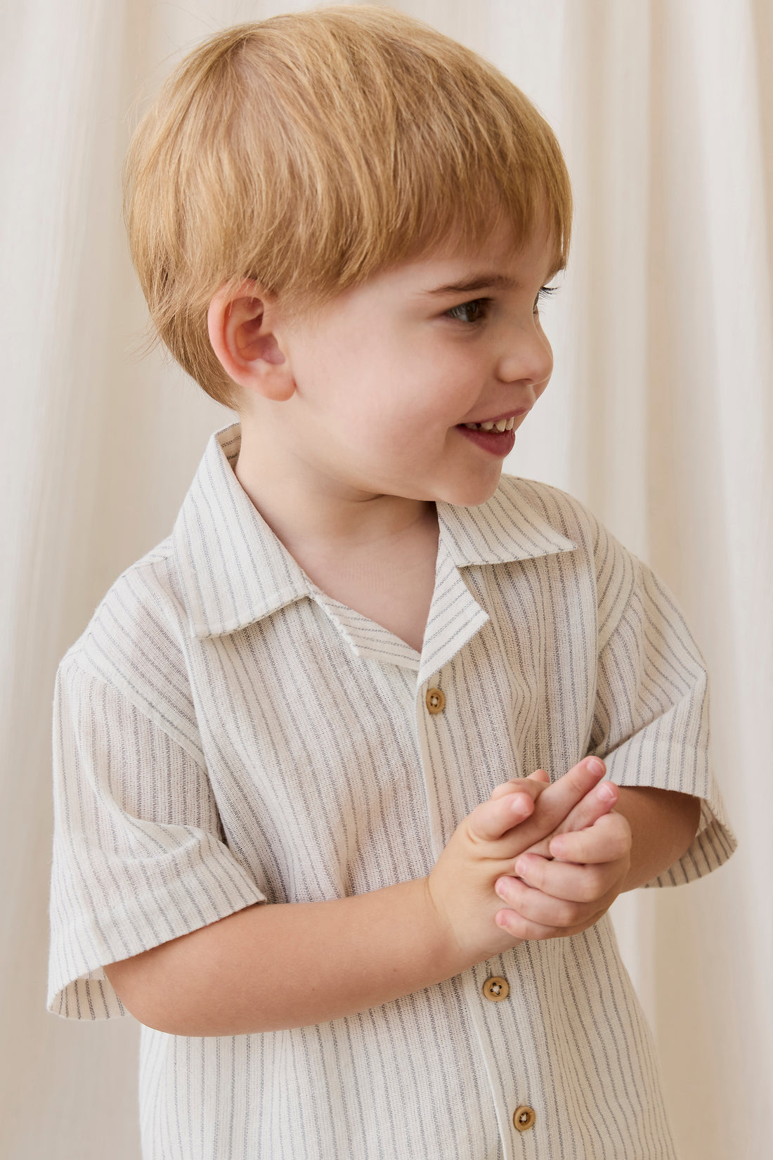 Organic Cotton Silas Shirt - Mini Pinstripe Parchment/Dawn Childrens Top from Jamie Kay NZ