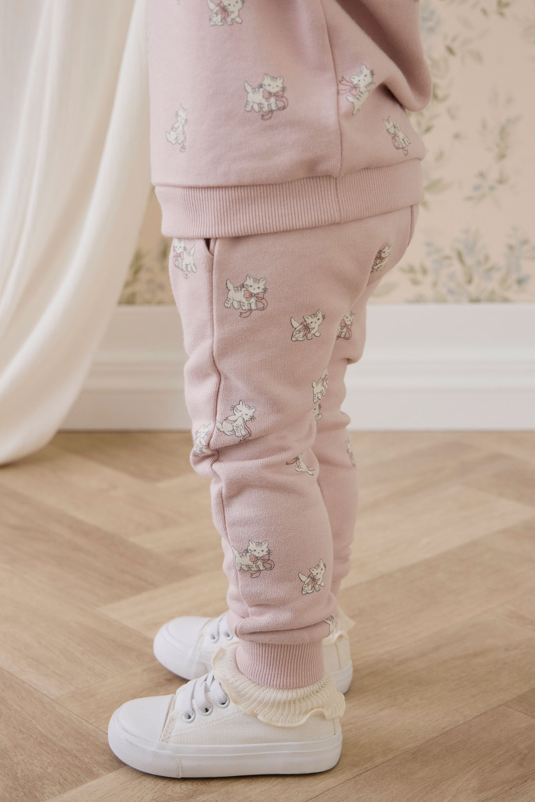 Organic Cotton Morgan Track Pant - Bow Kitties Mauve Childrens Pant from Jamie Kay NZ