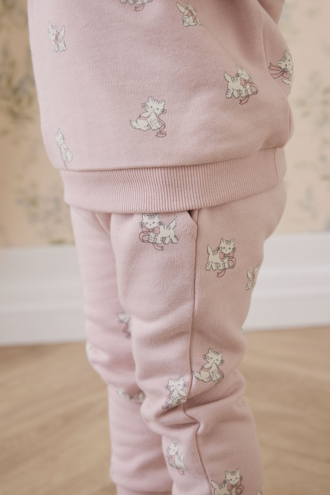 Organic Cotton Morgan Track Pant - Bow Kitties Mauve Childrens Pant from Jamie Kay NZ