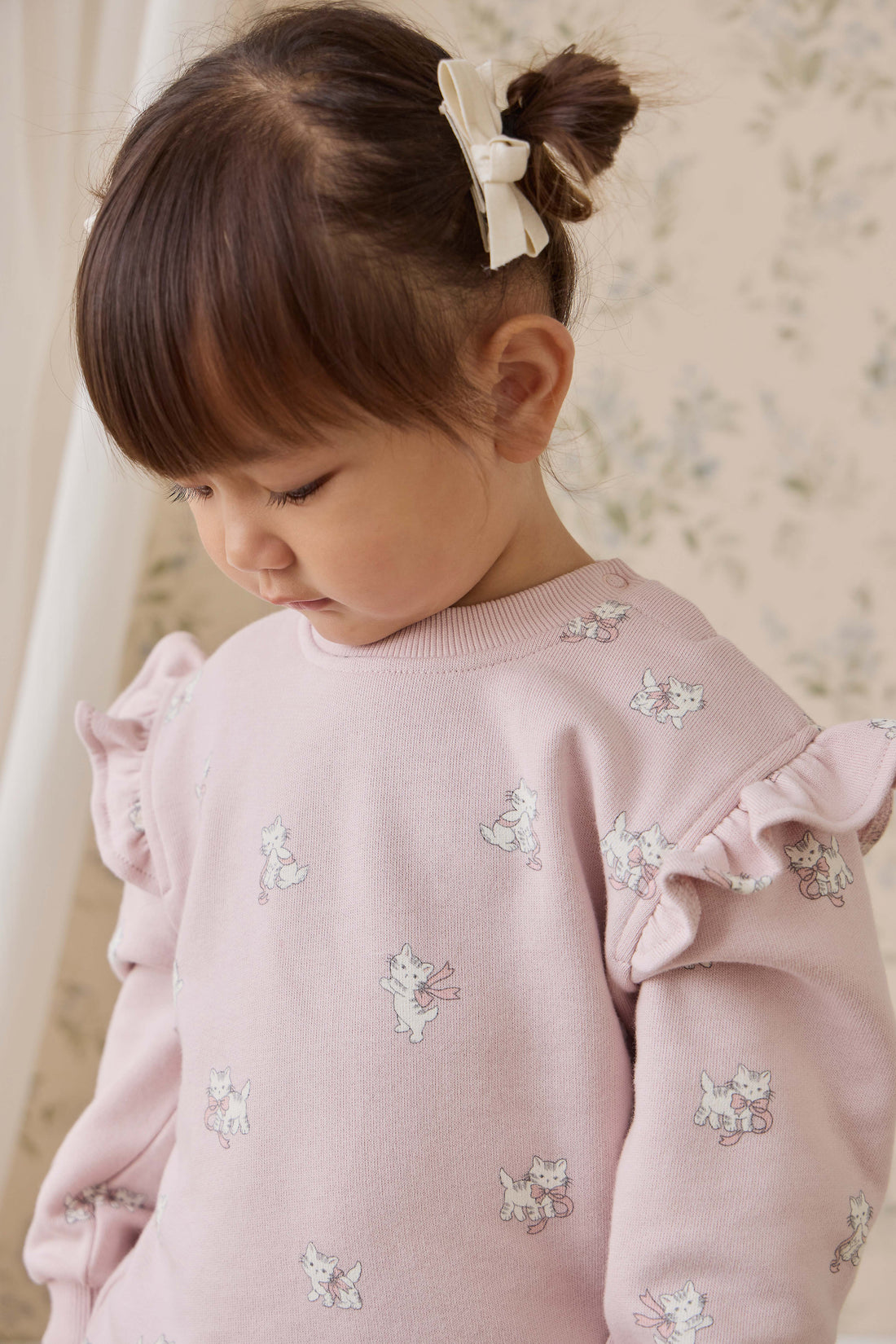Organic Cotton Maple Sweatshirt - Bow Kitties Mauve Childrens Sweatshirt from Jamie Kay NZ
