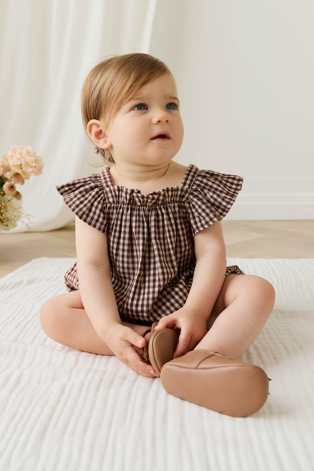 Organic Cotton Harriet Playsuit - Cinnamon Gingham Childrens Playsuit from Jamie Kay NZ