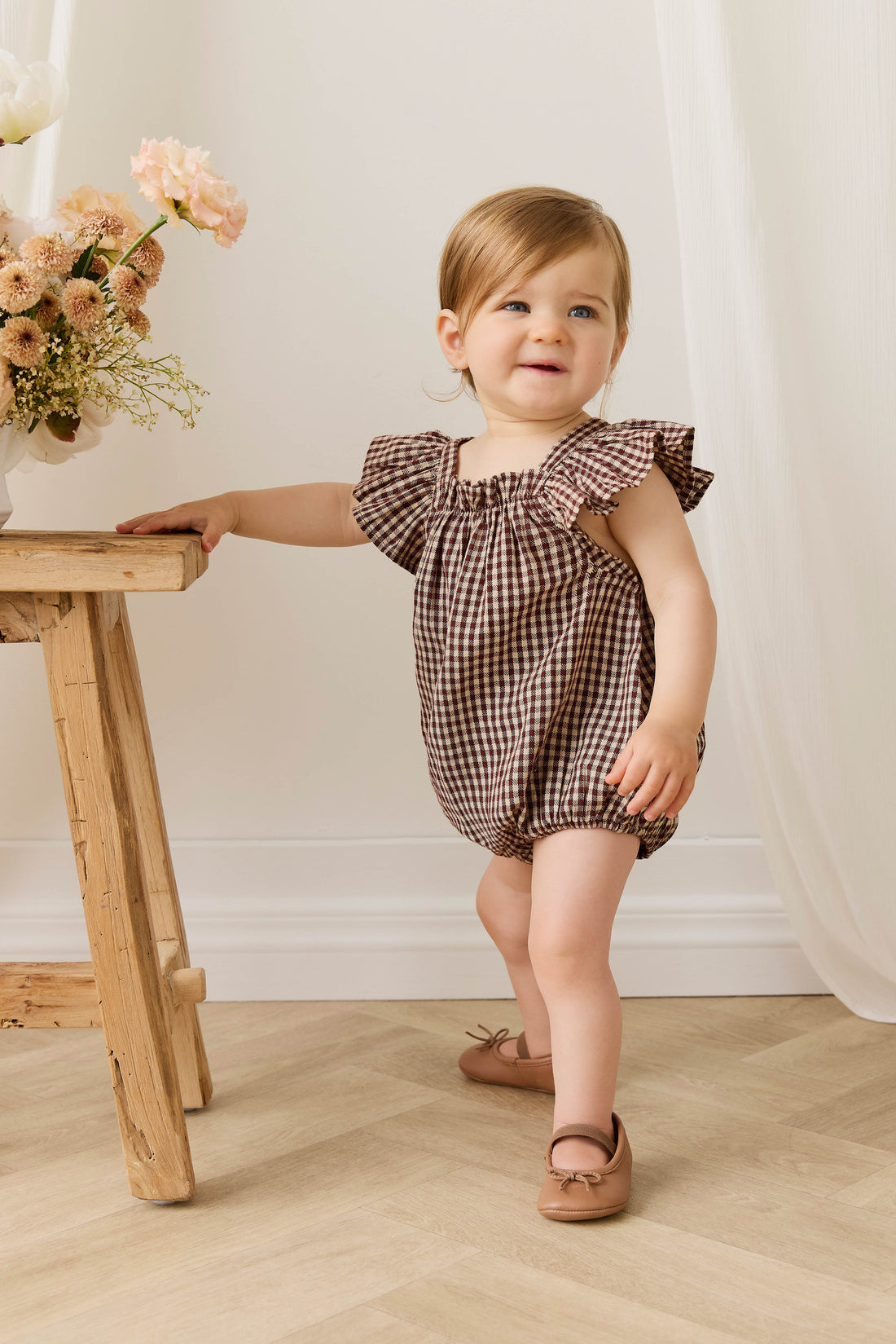 Organic Cotton Harriet Playsuit - Cinnamon Gingham Childrens Playsuit from Jamie Kay NZ