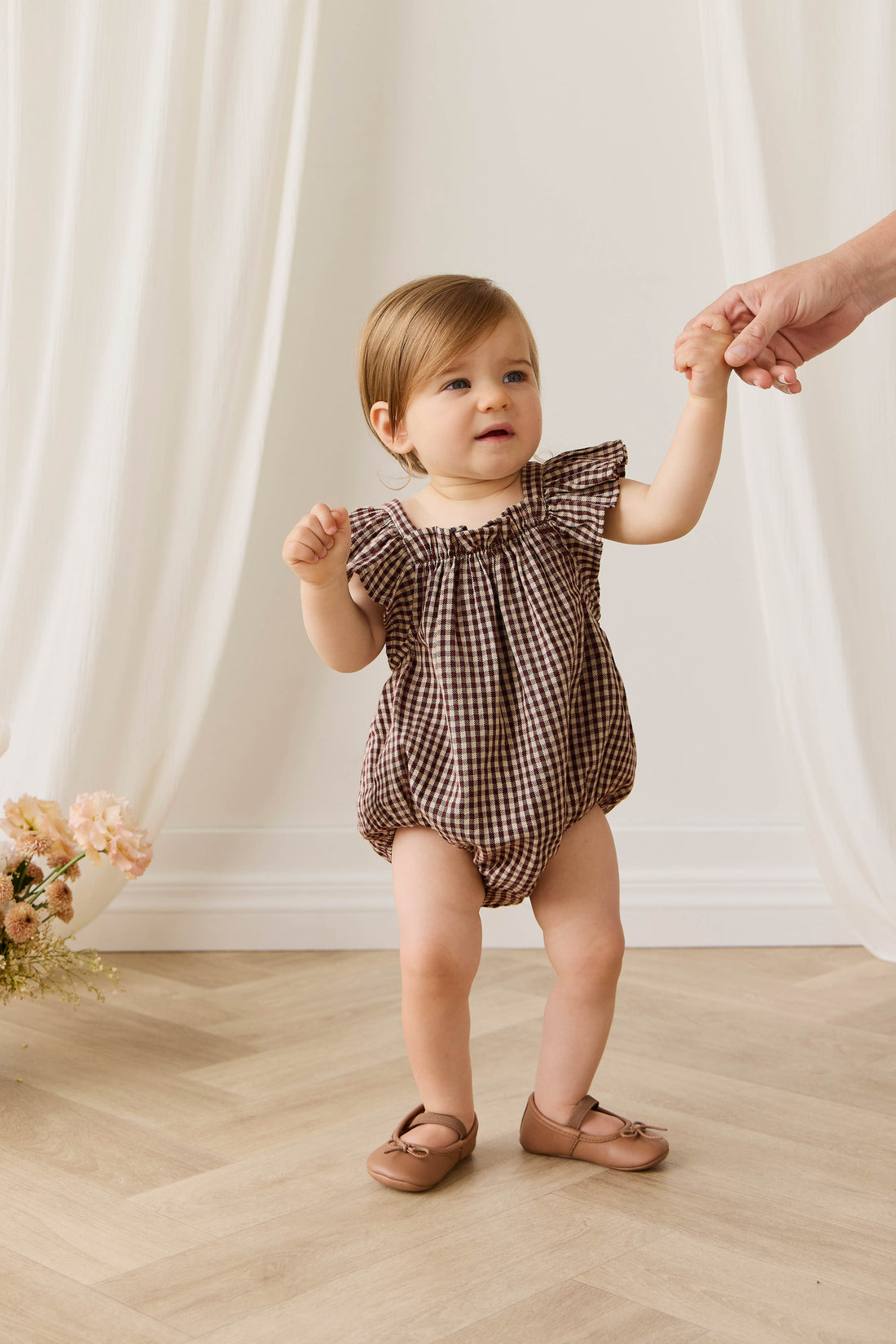 Organic Cotton Harriet Playsuit - Cinnamon Gingham Childrens Playsuit from Jamie Kay NZ
