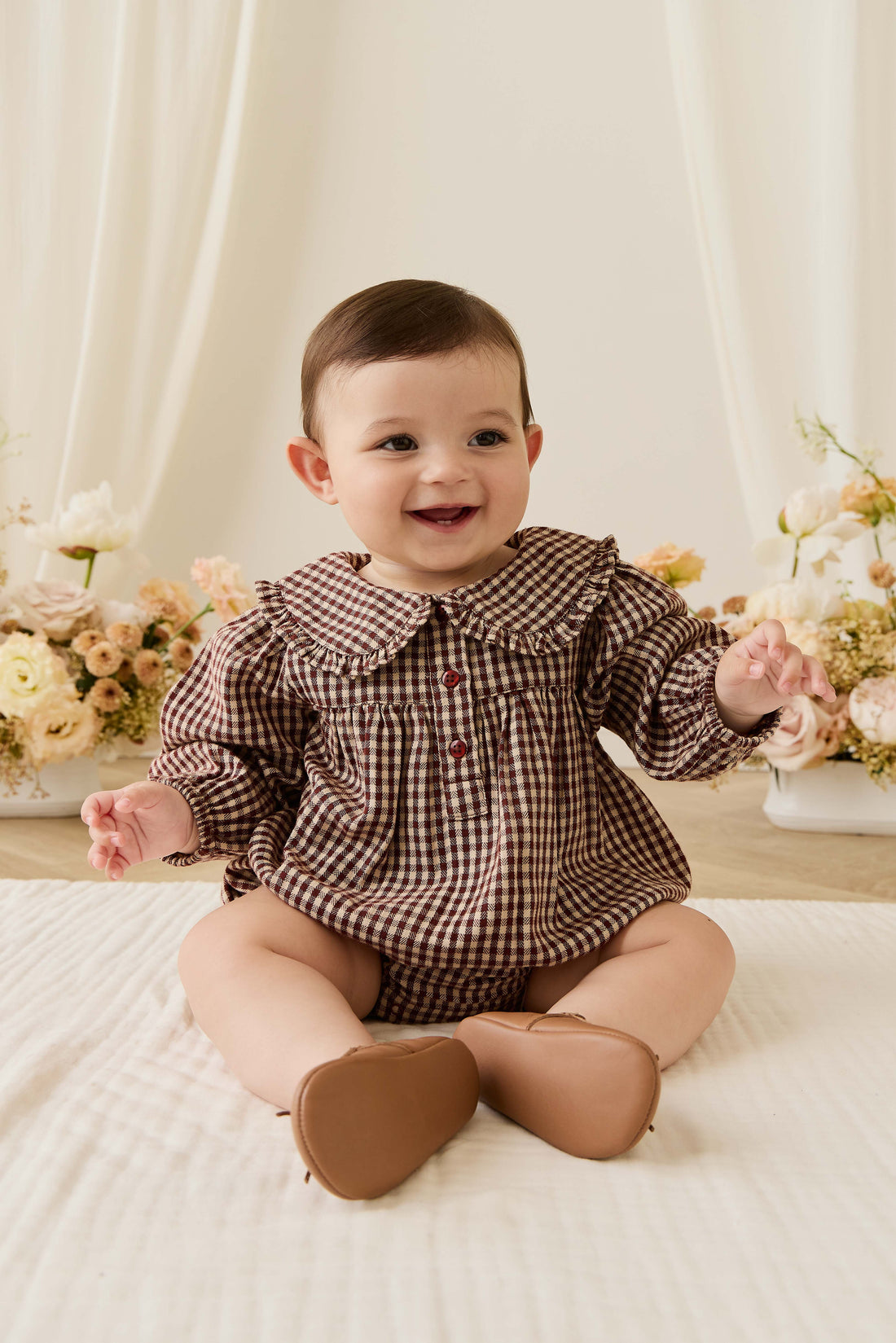 Organic Cotton Elowen Playsuit - Cinnamon Gingham Childrens Playsuit from Jamie Kay NZ