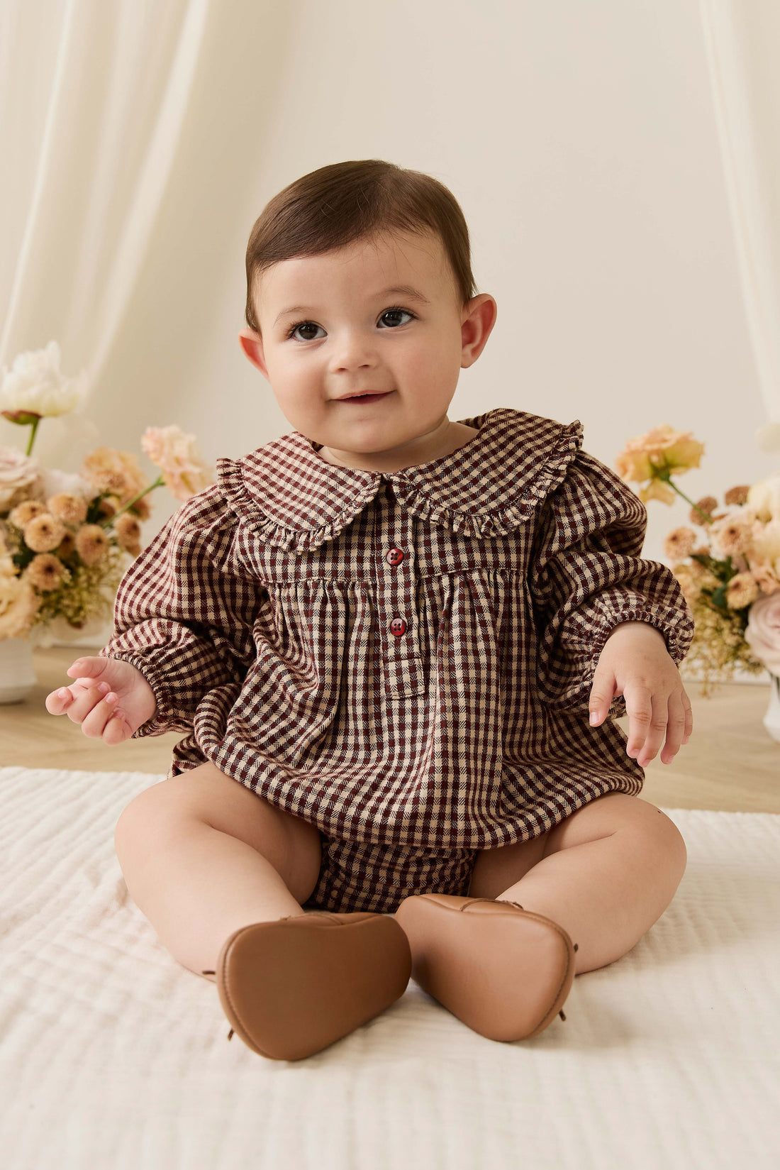 Organic Cotton Elowen Playsuit - Cinnamon Gingham Childrens Playsuit from Jamie Kay NZ