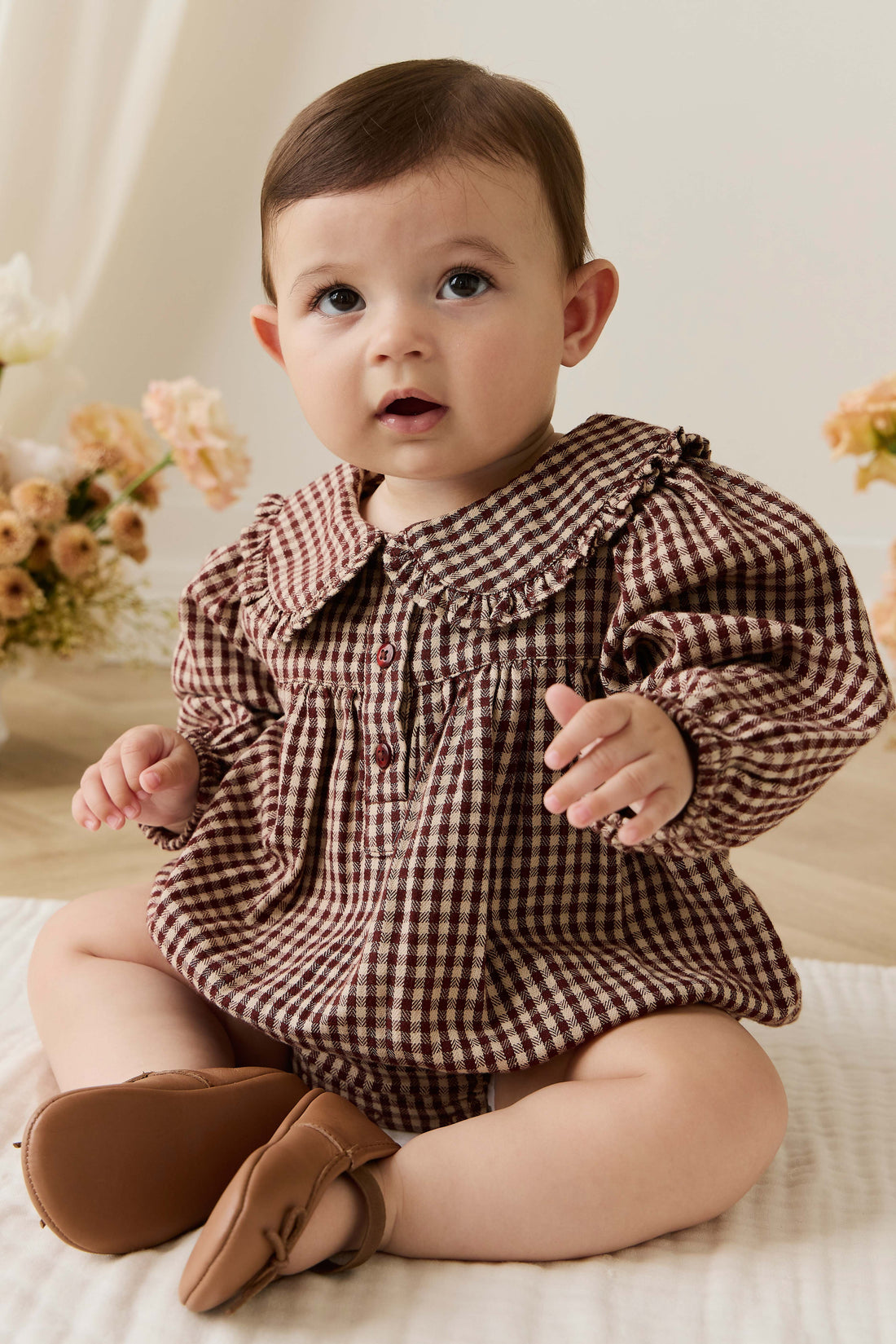 Organic Cotton Elowen Playsuit - Cinnamon Gingham Childrens Playsuit from Jamie Kay NZ