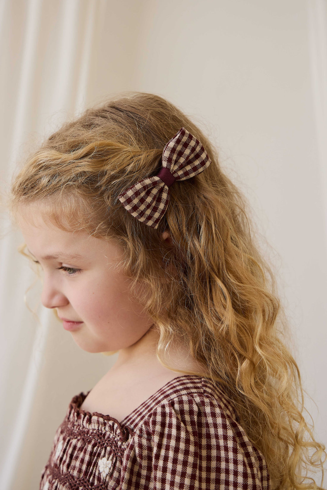 Organic Cotton Desiree Bow - Cinnamon Gingham Childrens Bow from Jamie Kay NZ