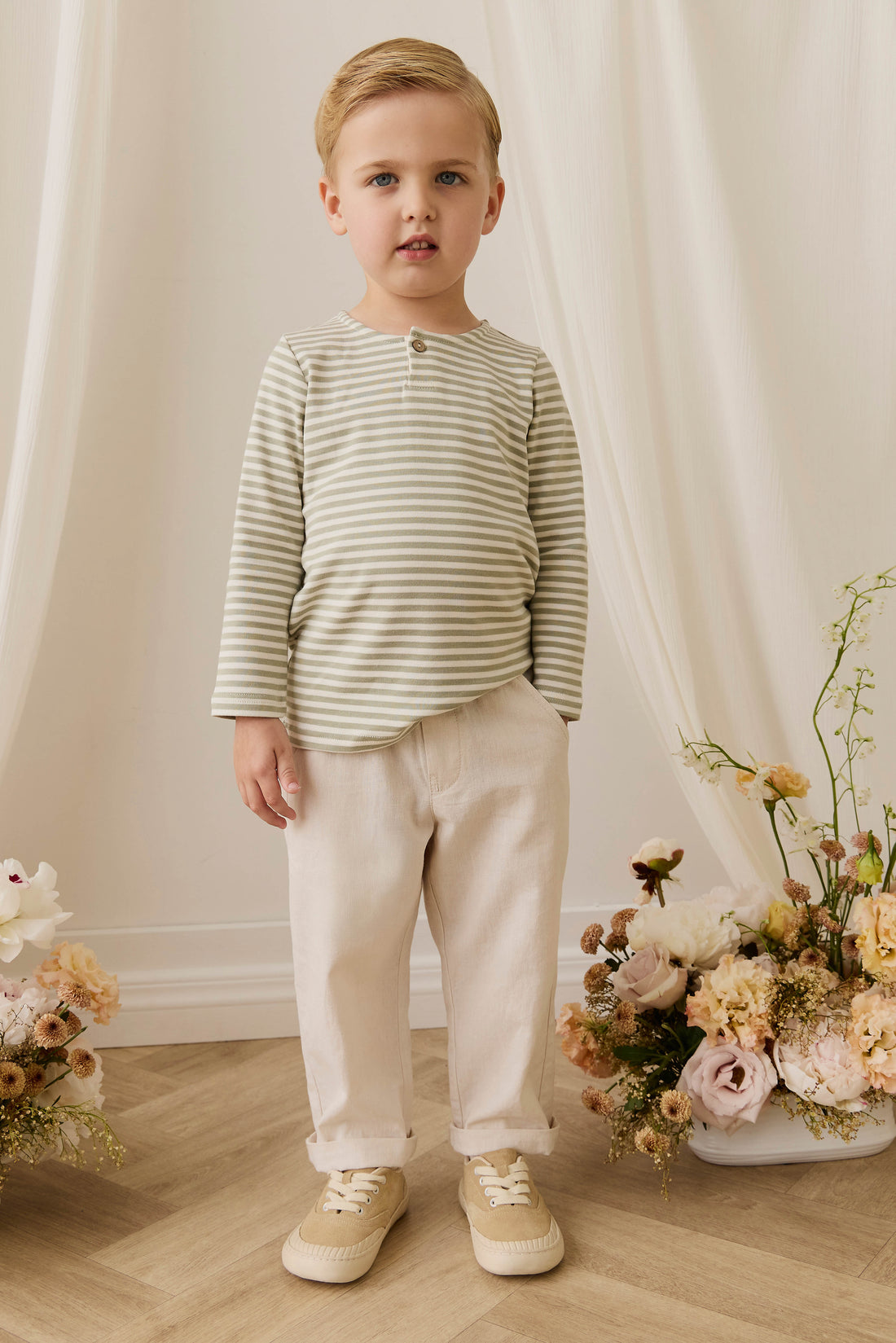 Pima Cotton Shae Top - Narrow Stripe Lichen / Cloud Childrens Top from Jamie Kay NZ