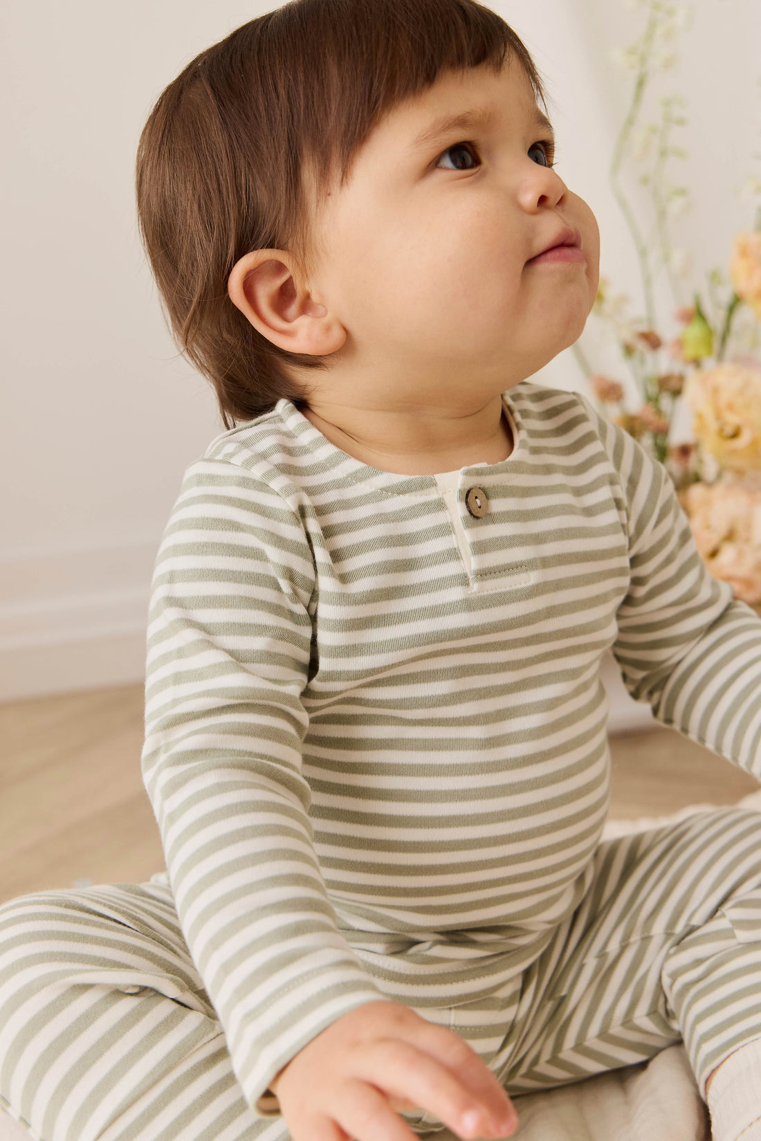 Pima Cotton Wesley Pant - Narrow Stripe Lichen / Cloud Childrens Pant from Jamie Kay NZ