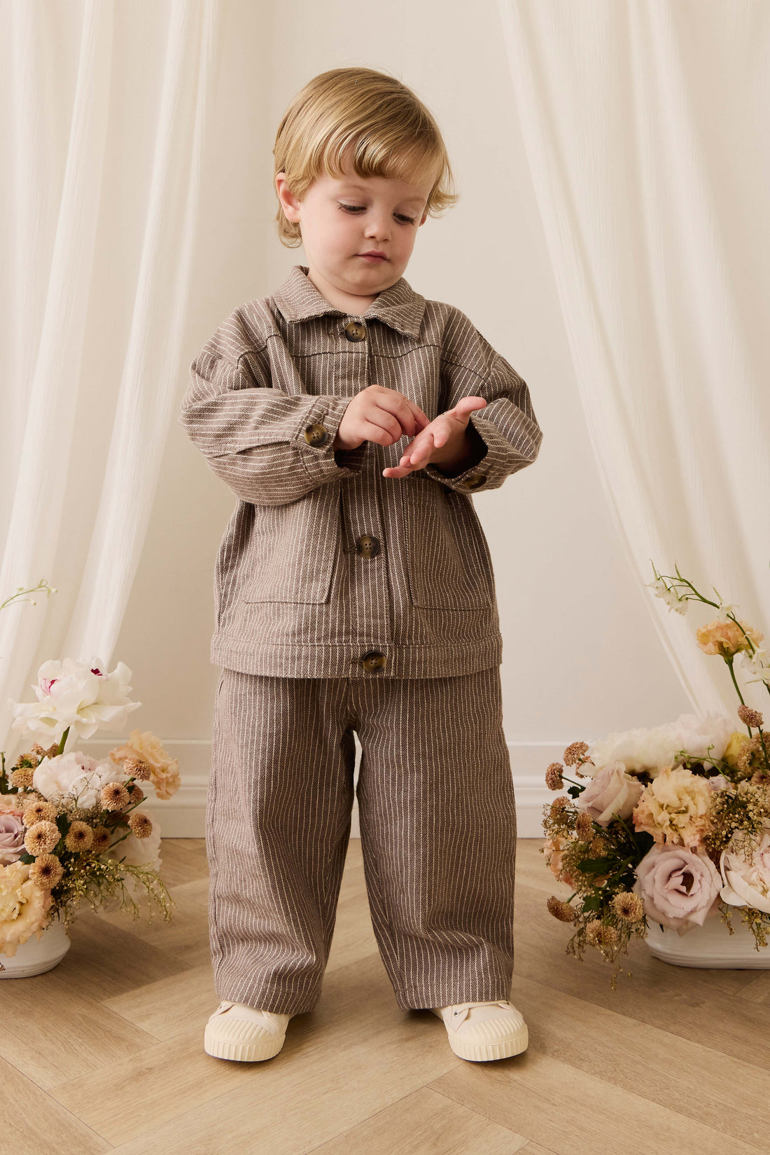 Axel Jacket - Mini Pinstripe Cassava/Iroko Childrens Jacket from Jamie Kay NZ