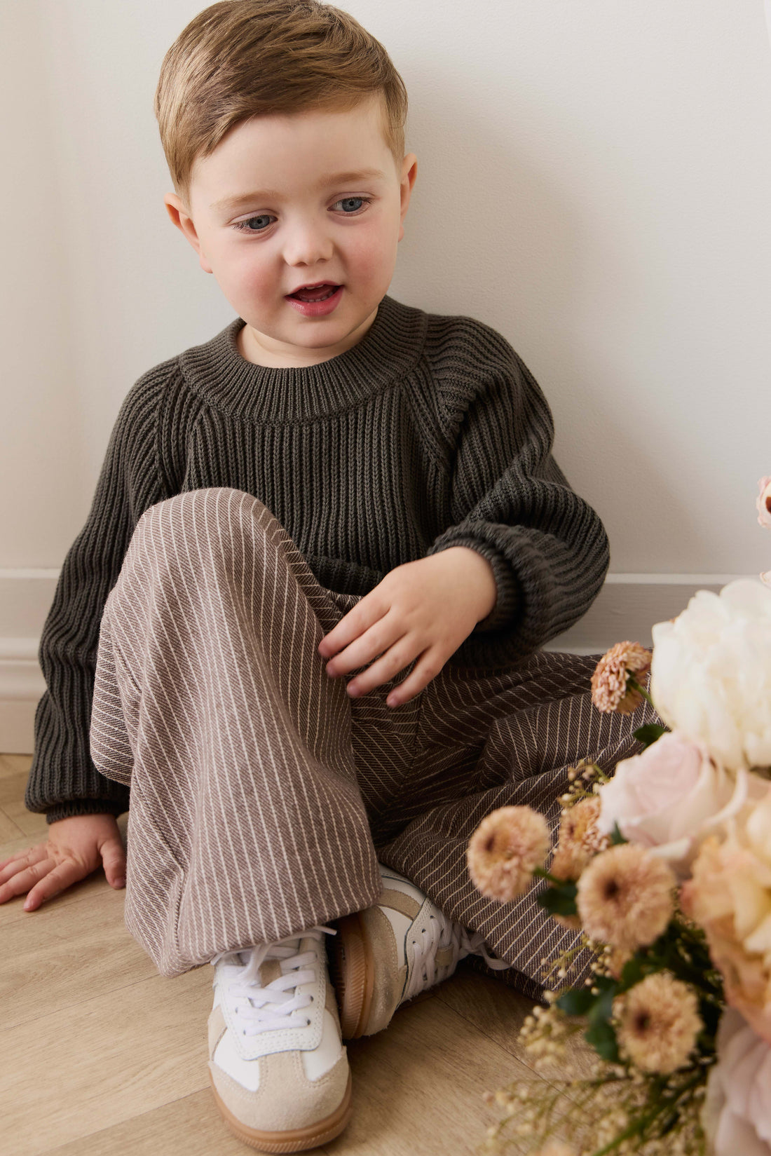 Abel Pant - Mini Pinstripe Cassava / Iroko Childrens Pant from Jamie Kay NZ