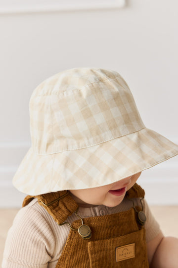 Organic Cotton Bucket Hat - Gingham Pale Khaki Childrens Hat from Jamie Kay NZ