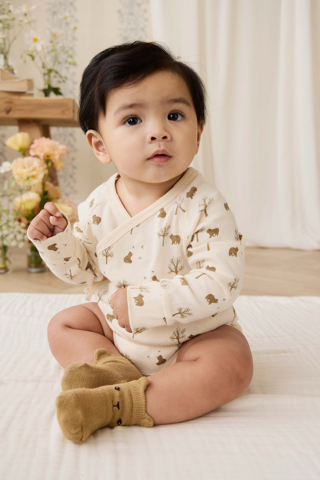 Organic Cotton Ames Wrap Long Sleeve Bodysuit - Honey Bear Cloud Childrens Bodysuit from Jamie Kay NZ