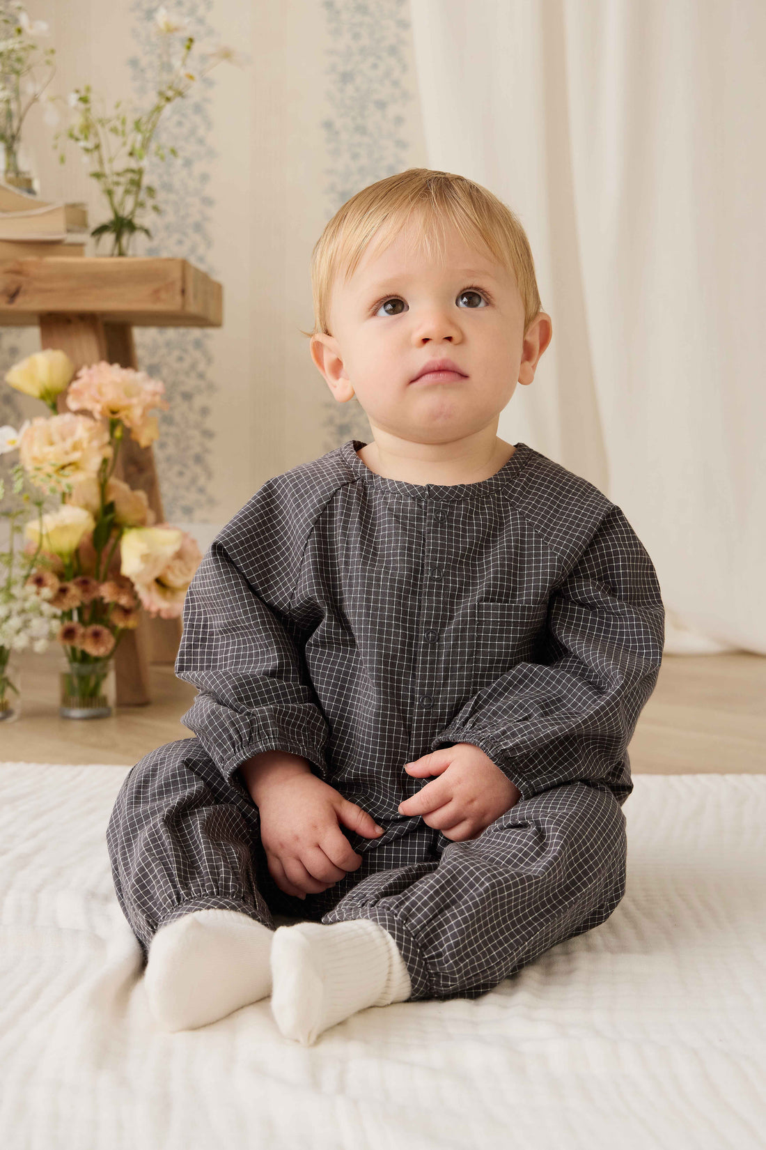 Organic Cotton Milton Onepiece - Basalt Grid Childrens Onepiece from Jamie Kay NZ