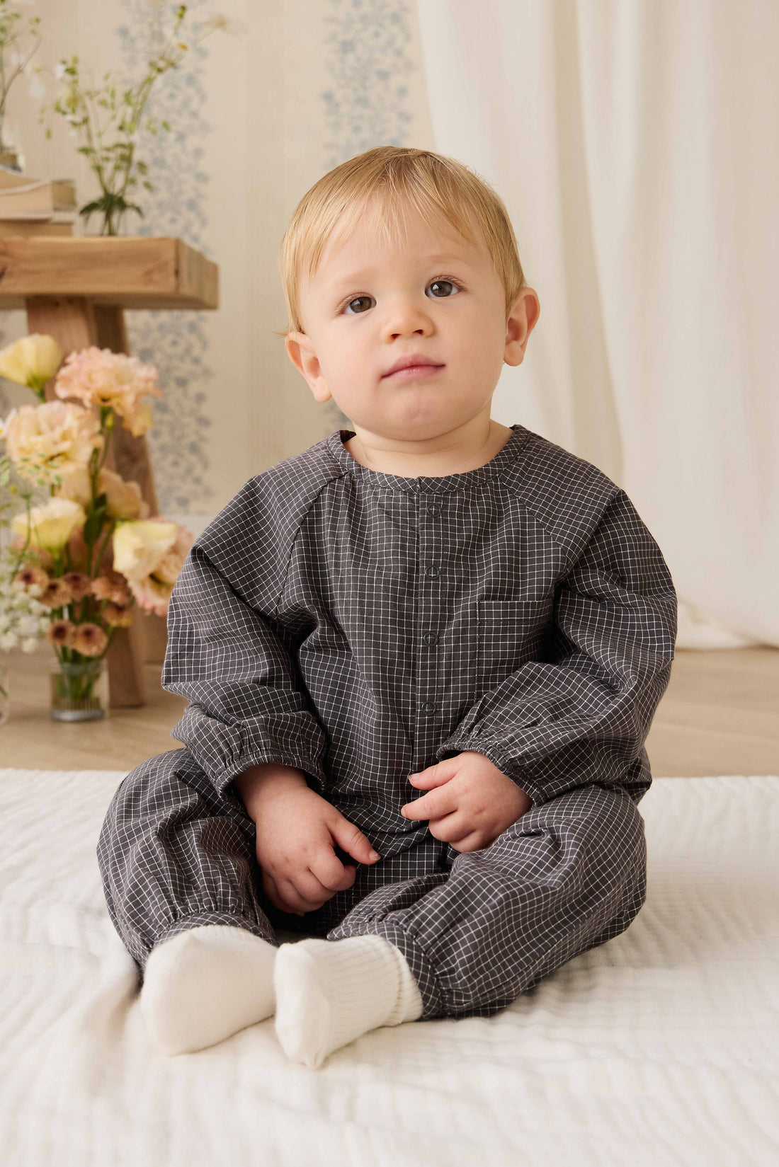 Organic Cotton Milton Onepiece - Basalt Grid Childrens Onepiece from Jamie Kay NZ