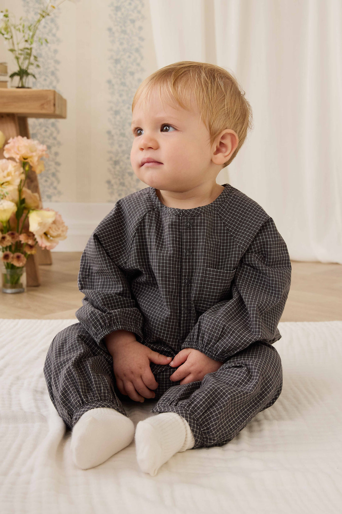 Organic Cotton Milton Onepiece - Basalt Grid Childrens Onepiece from Jamie Kay NZ