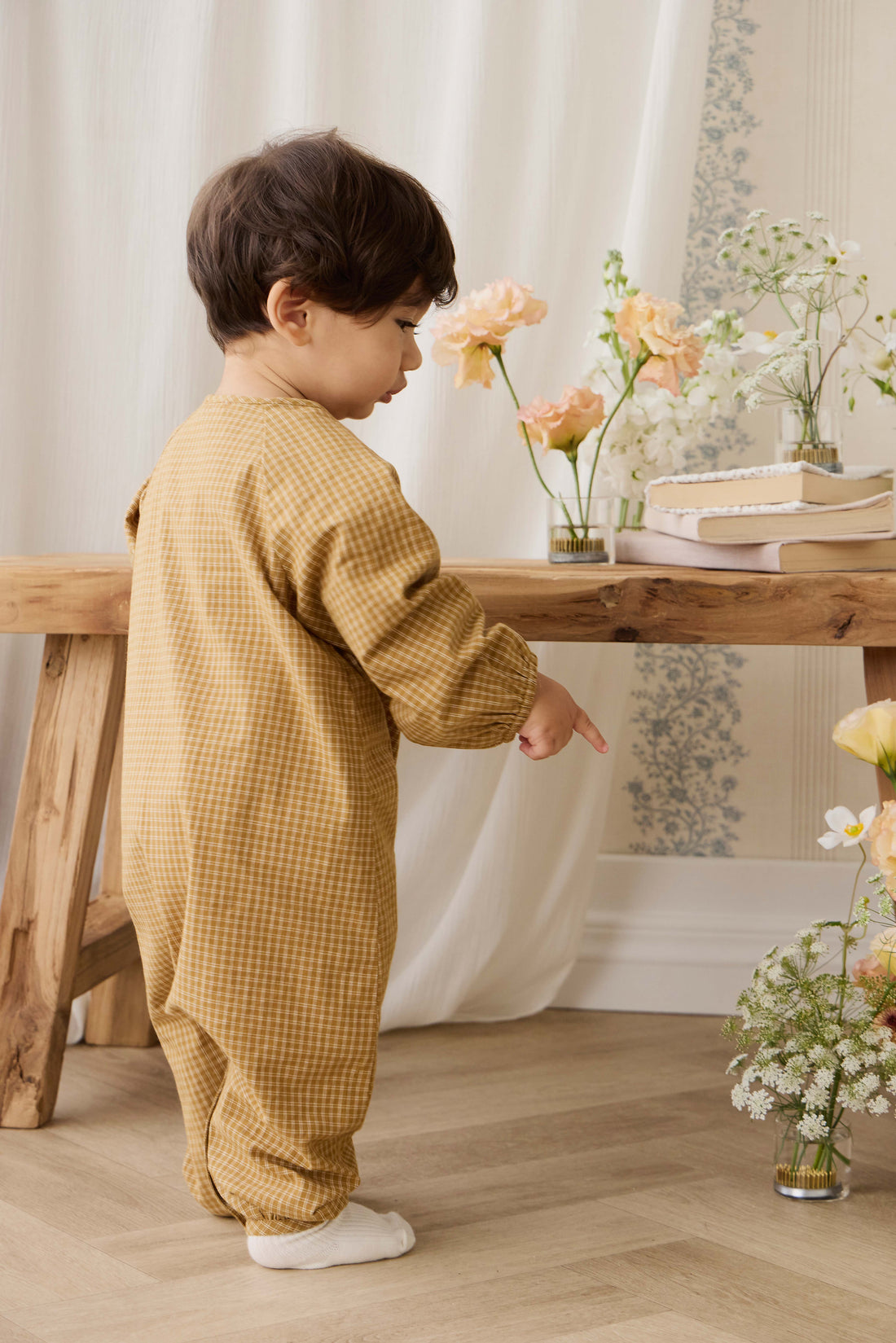 Organic Cotton Milton Onepiece - Windowpane Check Buckwheat Childrens Onepiece from Jamie Kay NZ