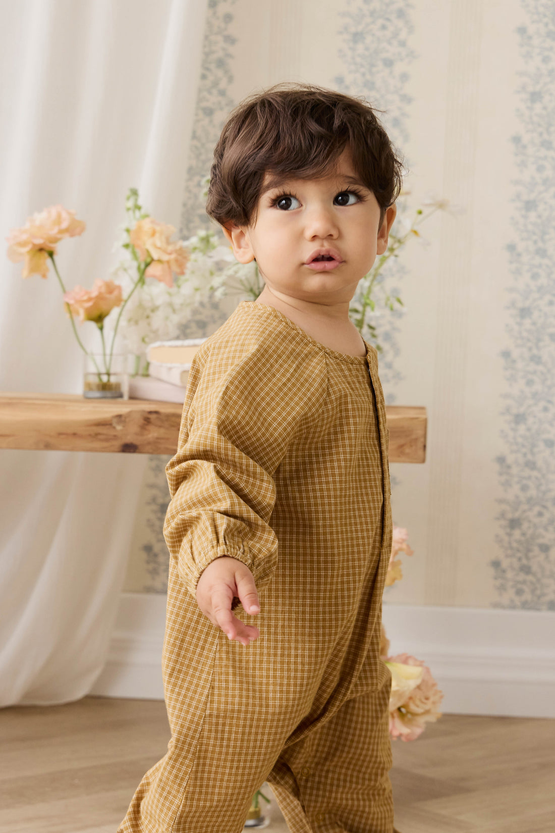 Organic Cotton Milton Onepiece - Windowpane Check Buckwheat Childrens Onepiece from Jamie Kay NZ