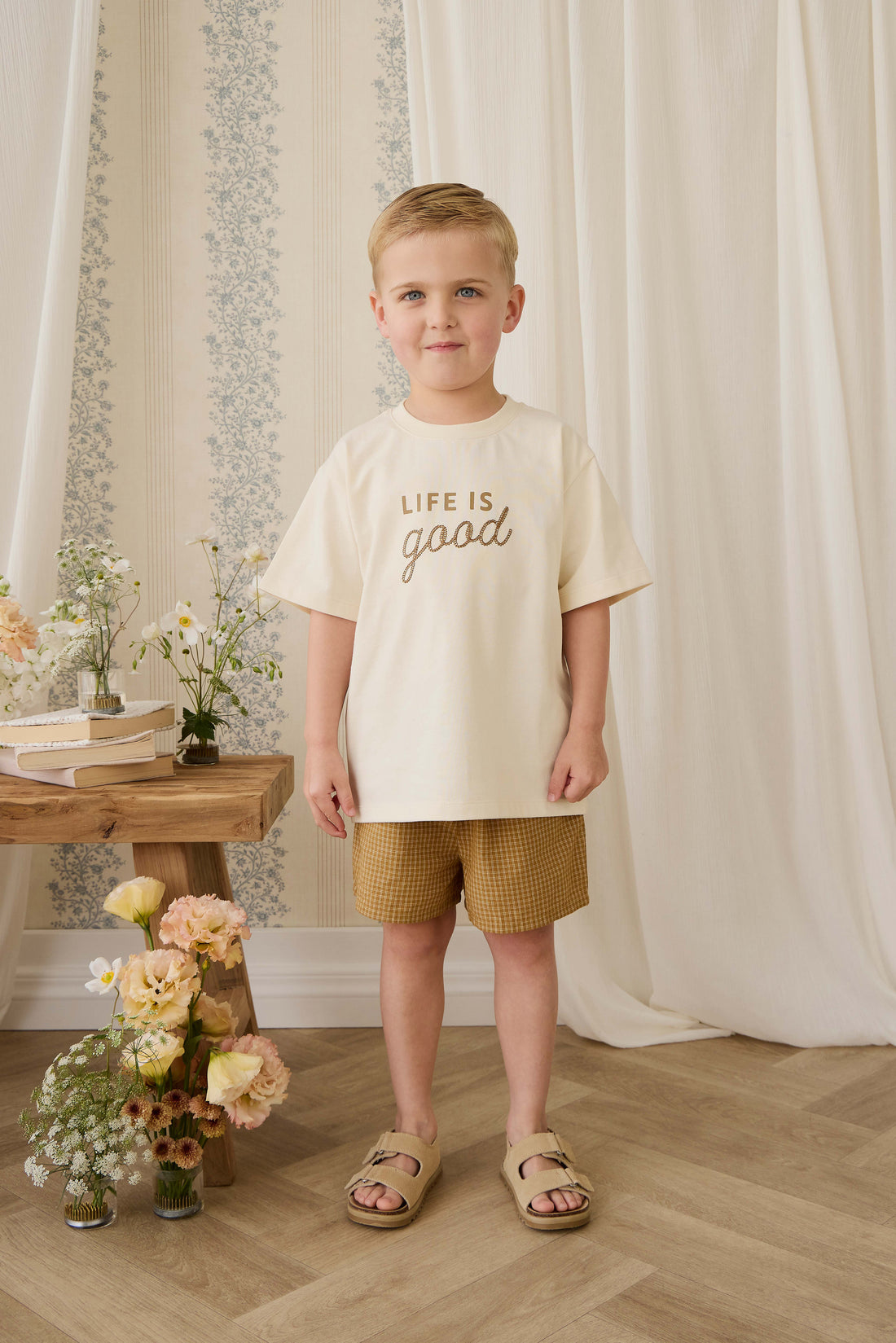 Organic Cotton Wilder Short - Windowpane Check Buckwheat Childrens Short from Jamie Kay NZ