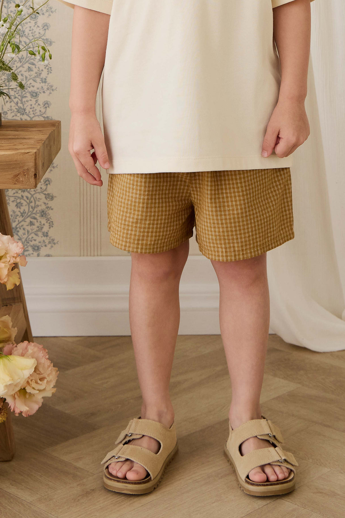 Organic Cotton Wilder Short - Windowpane Check Buckwheat Childrens Short from Jamie Kay NZ