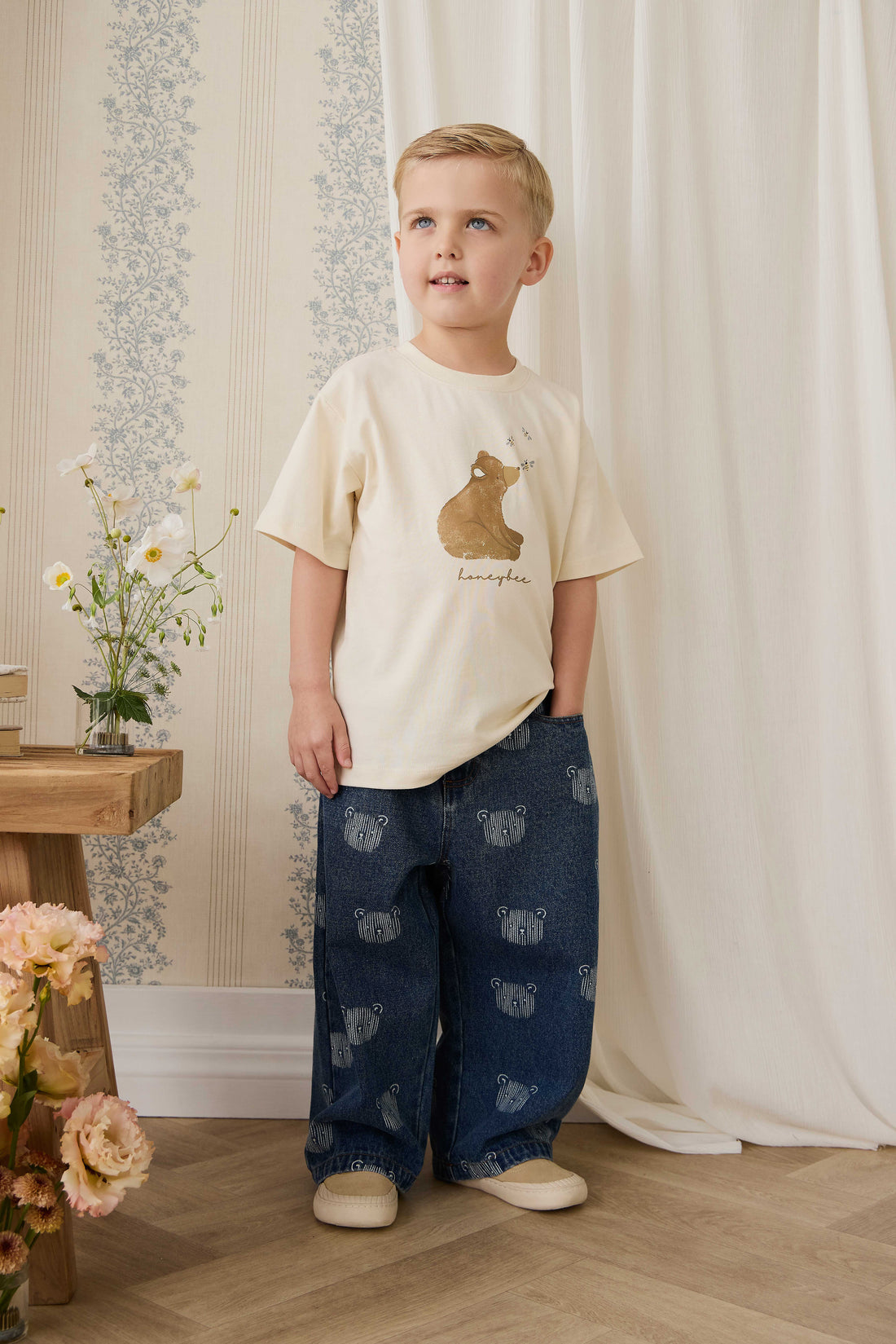 Organic Cotton Bjorn Tee - Cloud Honeybee Bear Childrens Top from Jamie Kay NZ