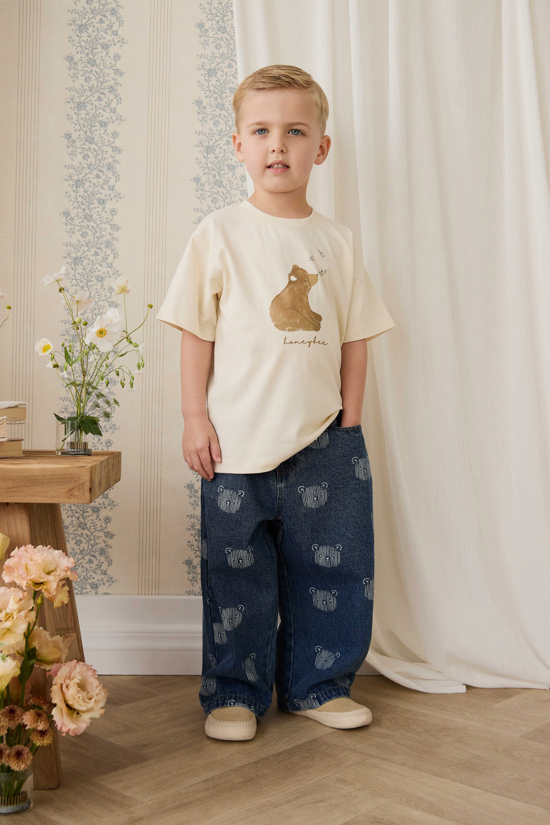 Organic Cotton Bjorn Tee - Cloud Honeybee Bear Childrens Top from Jamie Kay NZ
