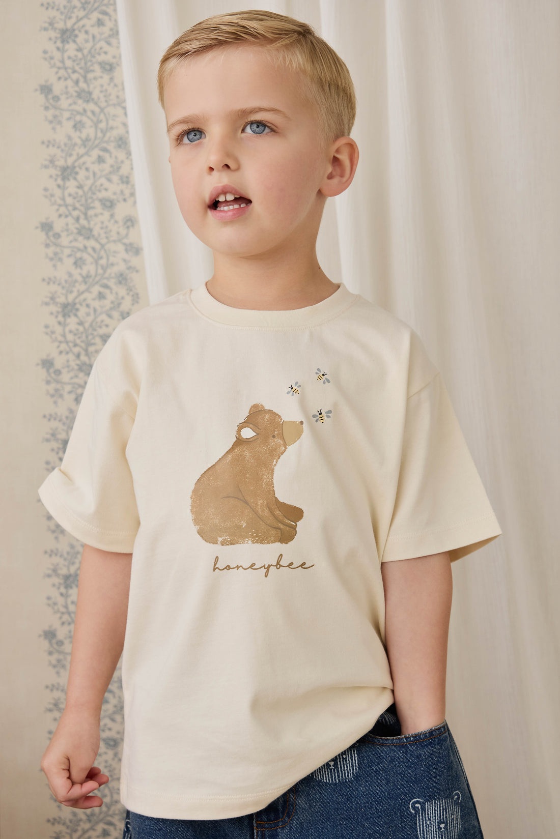 Organic Cotton Bjorn Tee - Cloud Honeybee Bear Childrens Top from Jamie Kay NZ