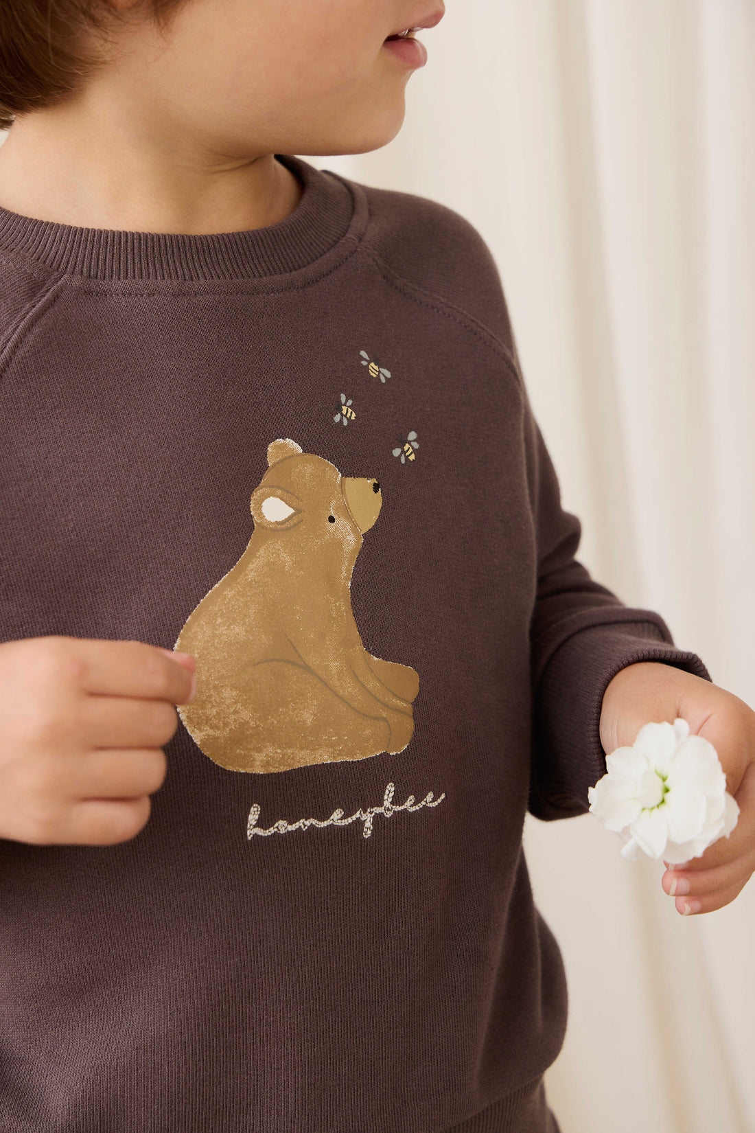 Organic Cotton Hayes Sweatshirt - Raku Honeybee Bear Childrens Sweatshirt from Jamie Kay NZ