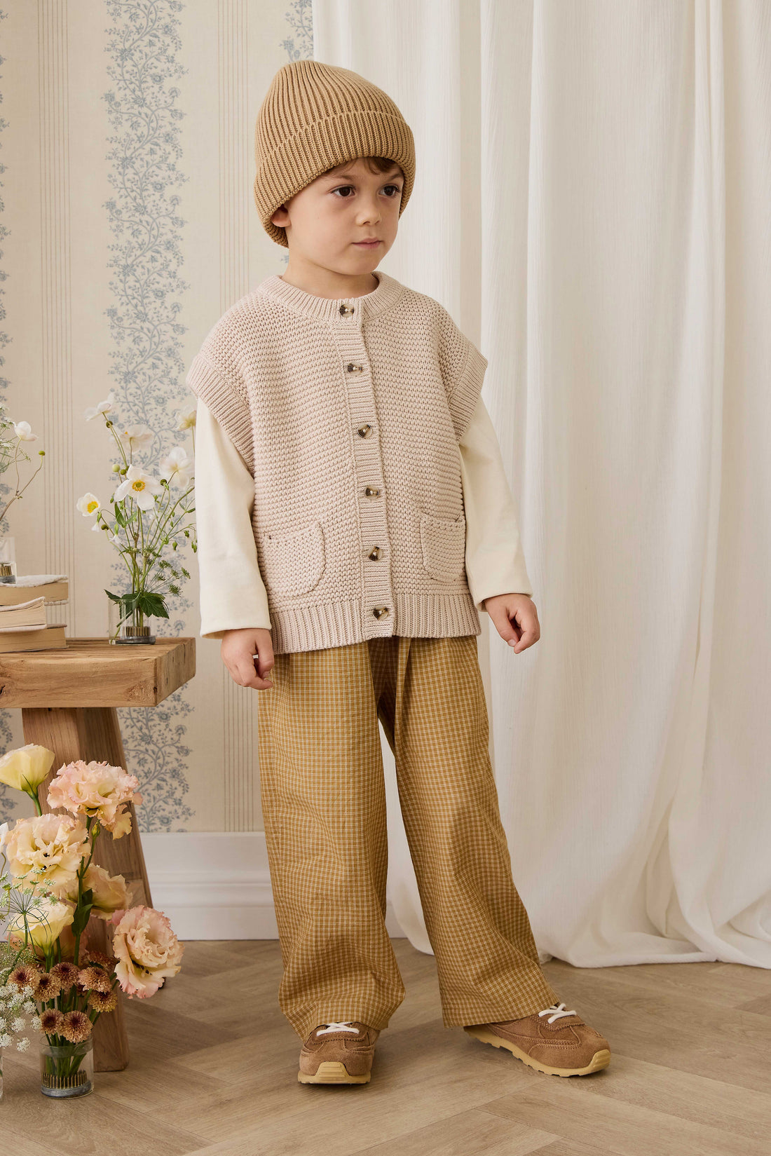 Organic Cotton Kenji Pant - Windowpane Check Buckwheat Childrens Pant from Jamie Kay NZ