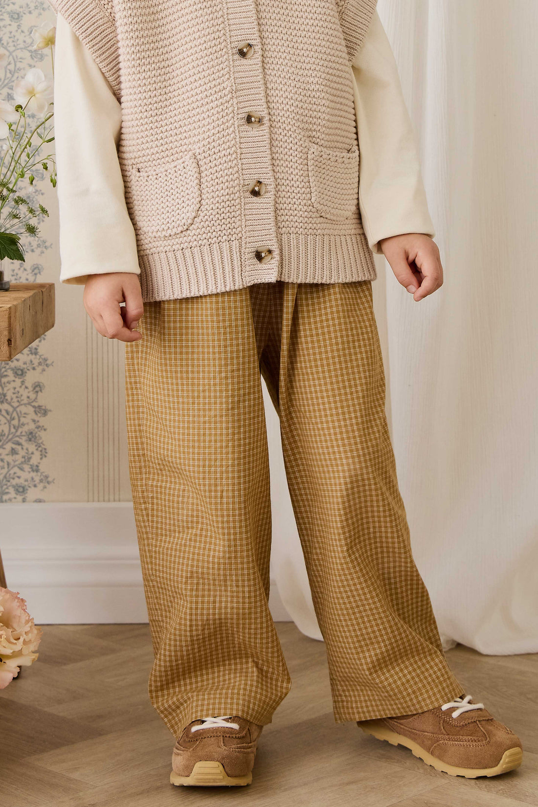 Organic Cotton Kenji Pant - Windowpane Check Buckwheat Childrens Pant from Jamie Kay NZ