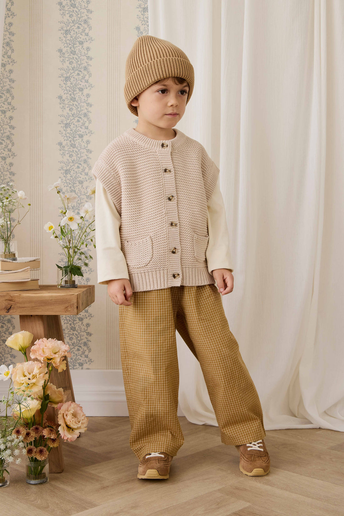 Organic Cotton Kenji Pant - Windowpane Check Buckwheat Childrens Pant from Jamie Kay NZ