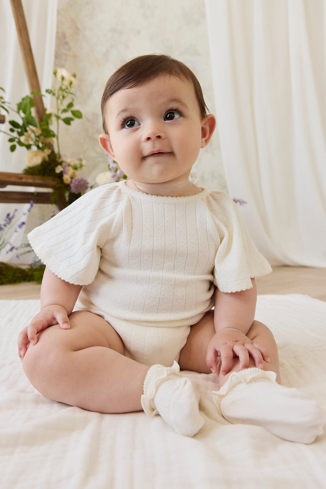 Organic Cotton Josephine Playsuit - Sweet Heart Pointelle Parchment Childrens Playsuit from Jamie Kay NZ