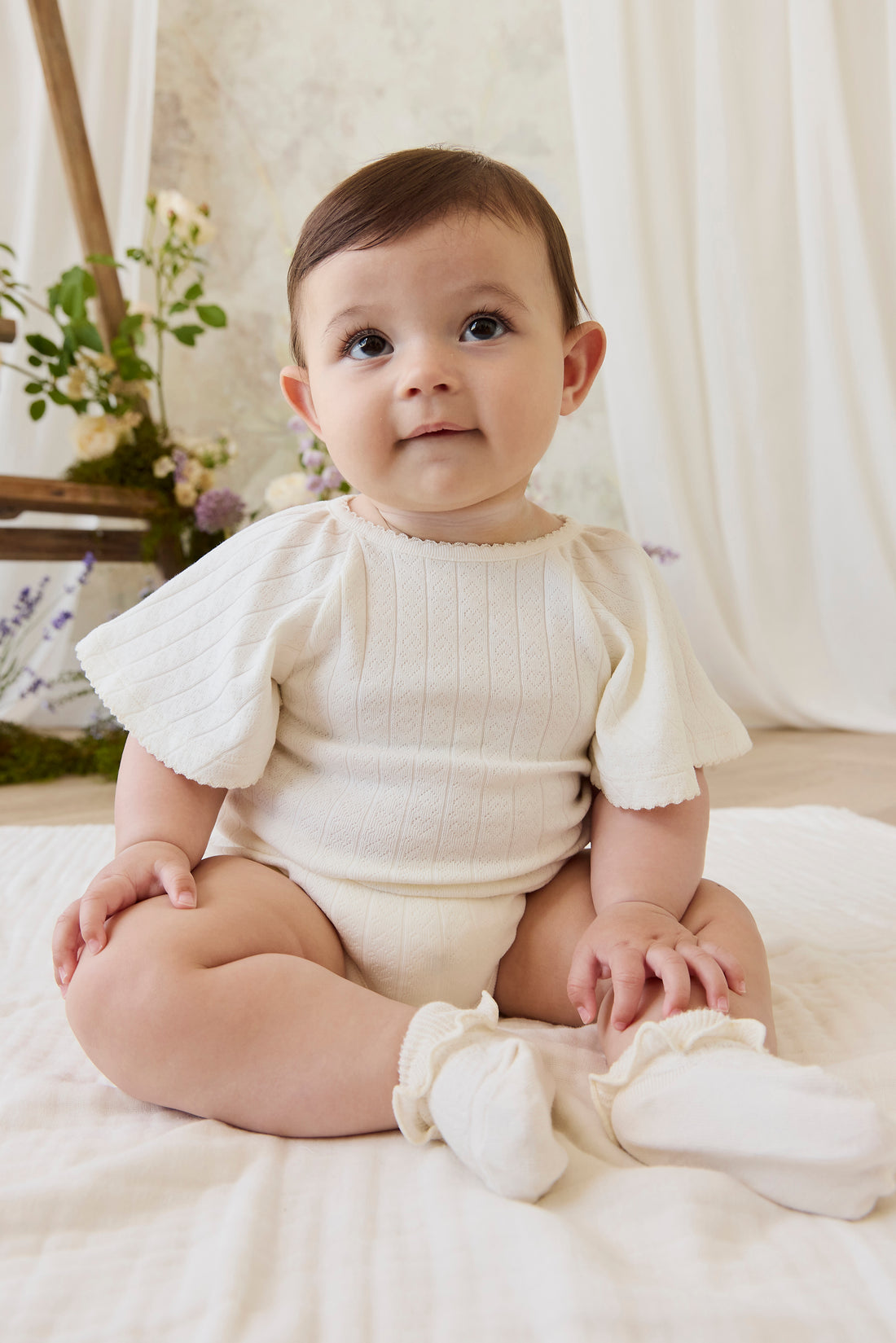 Organic Cotton Josephine Playsuit - Sweet Heart Pointelle Parchment Childrens Playsuit from Jamie Kay NZ