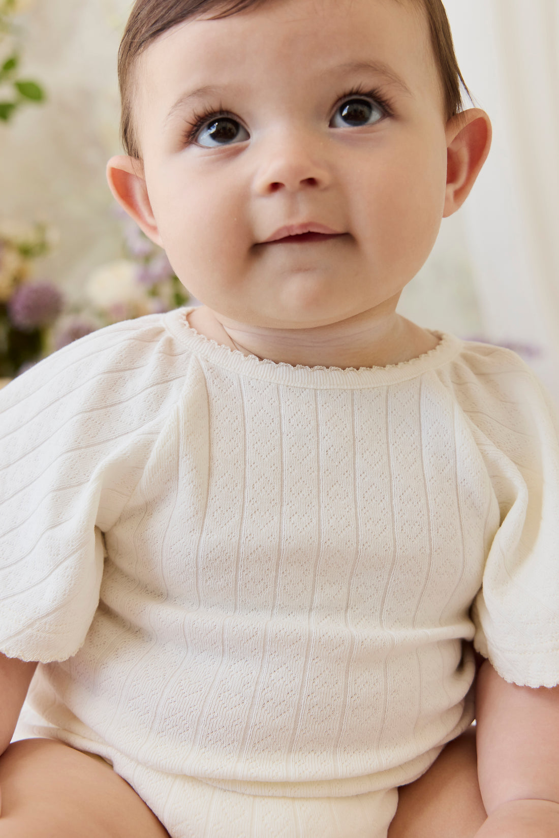 Organic Cotton Josephine Playsuit - Sweet Heart Pointelle Parchment Childrens Playsuit from Jamie Kay NZ