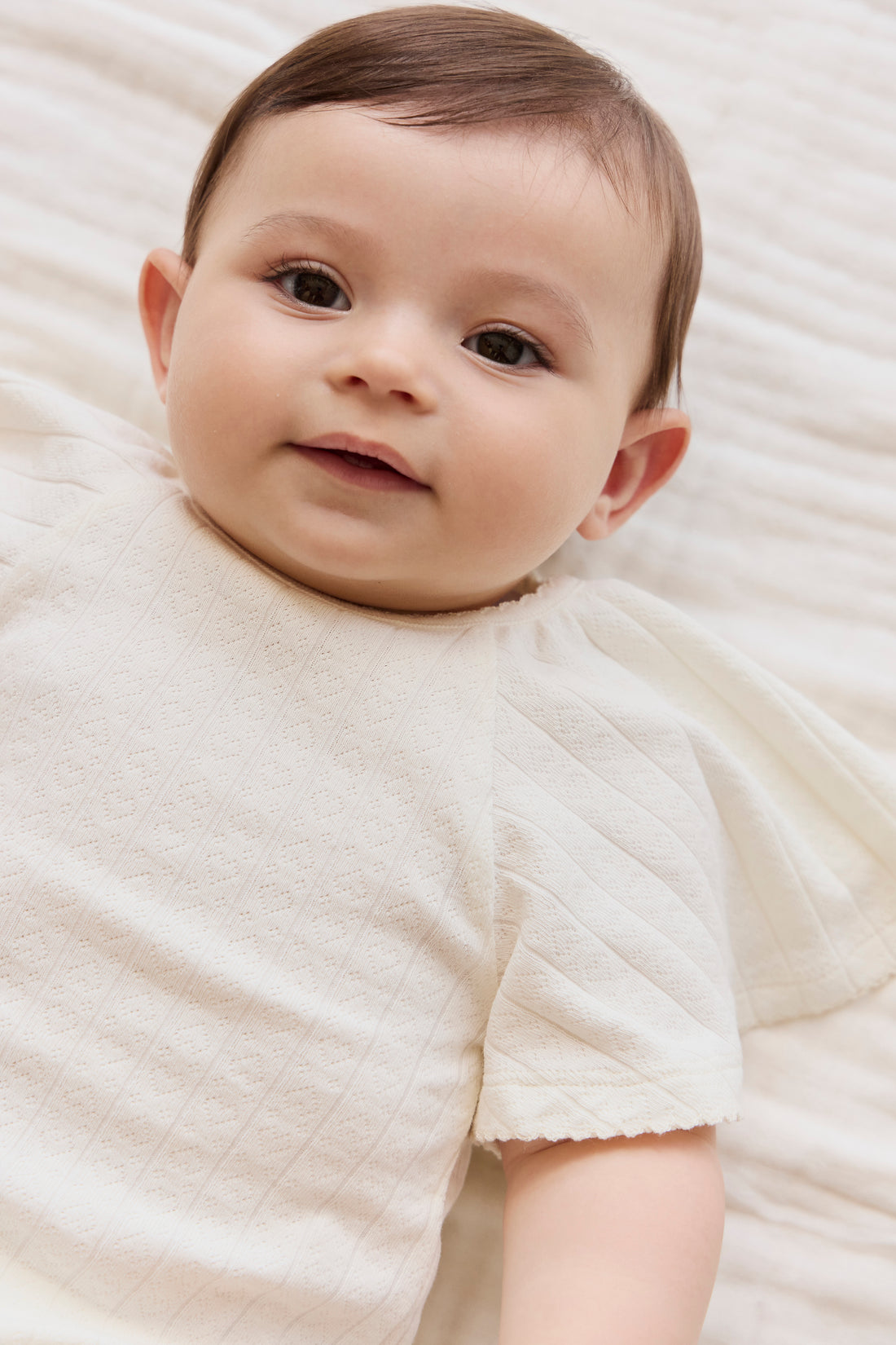 Organic Cotton Josephine Playsuit - Sweet Heart Pointelle Parchment Childrens Playsuit from Jamie Kay NZ