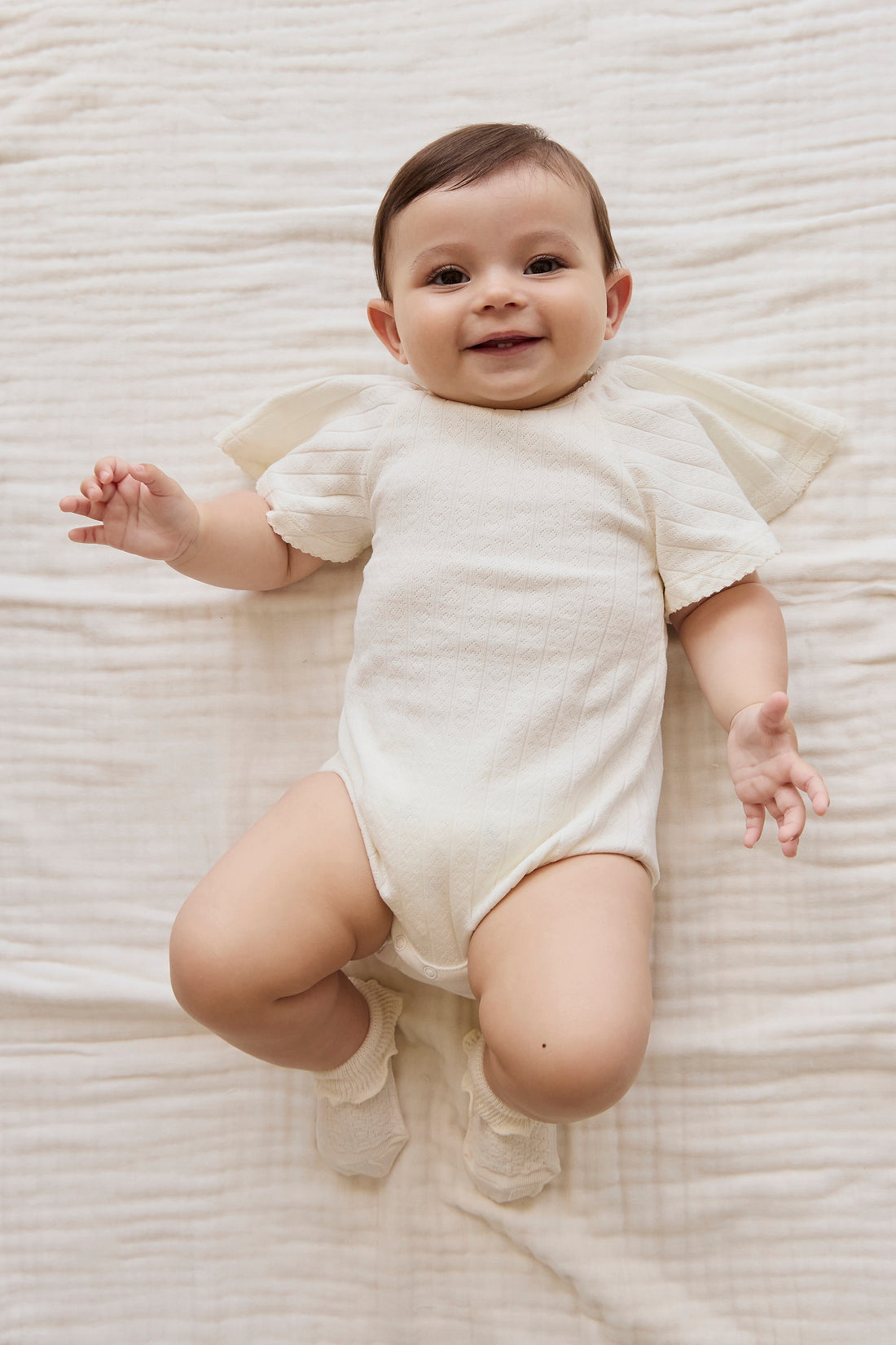 Organic Cotton Josephine Playsuit - Sweet Heart Pointelle Parchment Childrens Playsuit from Jamie Kay NZ