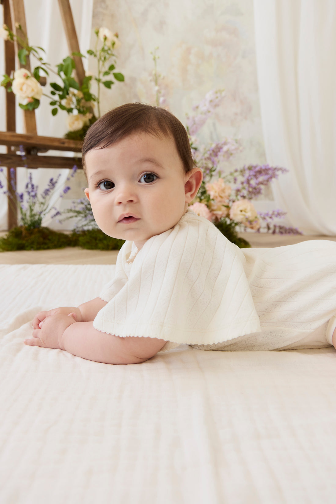 Organic Cotton Josephine Playsuit - Sweet Heart Pointelle Parchment Childrens Playsuit from Jamie Kay NZ
