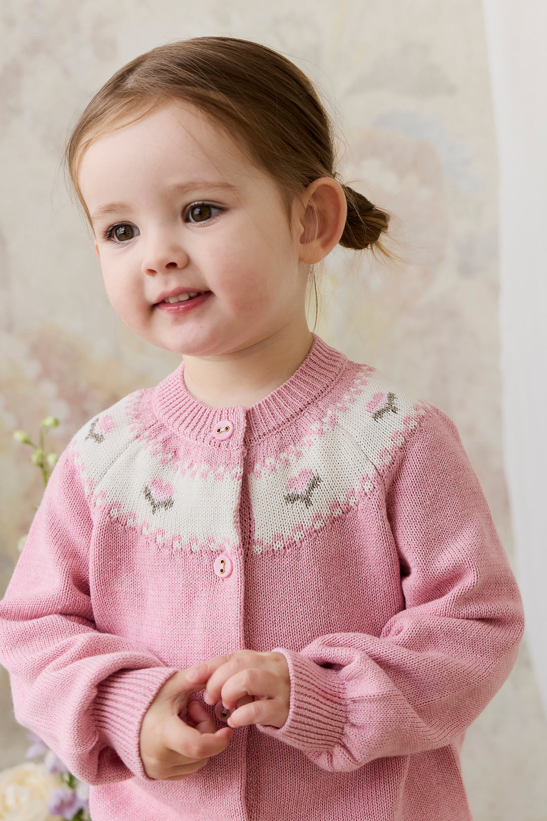 Annette Cardigan - Annette Jacquard - Pink Flutter Marle Childrens Top from Jamie Kay NZ
