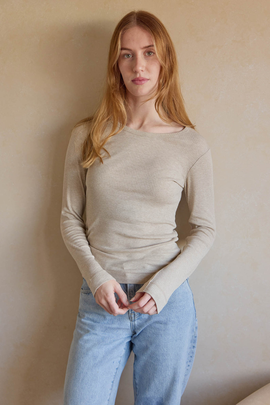 Organic Cotton Modal Womens Long Sleeve Top - Biscuit Marle Childrens Womens Top from Jamie Kay NZ