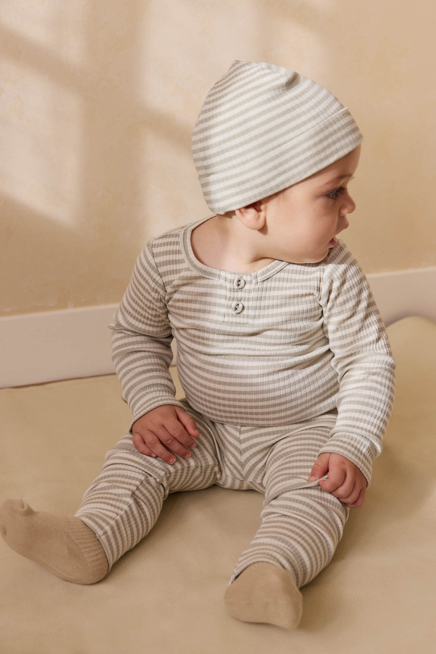 Organic Cotton Modal Everyday Legging - Narrow Stripe Moss/Cloud Childrens Legging from Jamie Kay NZ