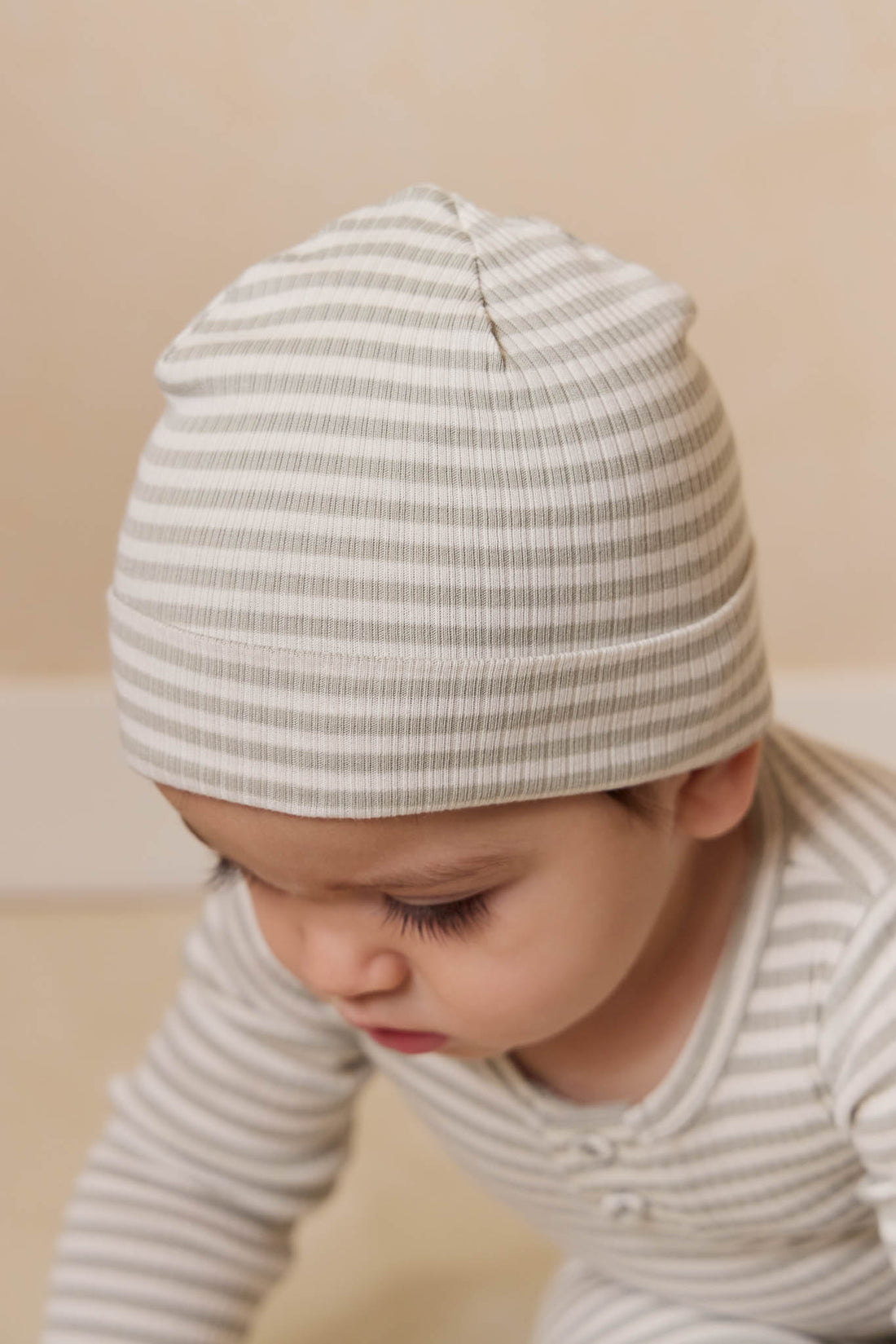 Organic Cotton Modal Lennon Beanie - Narrow Stripe Moss/Cloud Childrens Beanie from Jamie Kay NZ