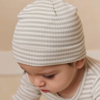 Organic Cotton Modal Lennon Beanie - Narrow Stripe Moss/Cloud Childrens Beanie from Jamie Kay NZ