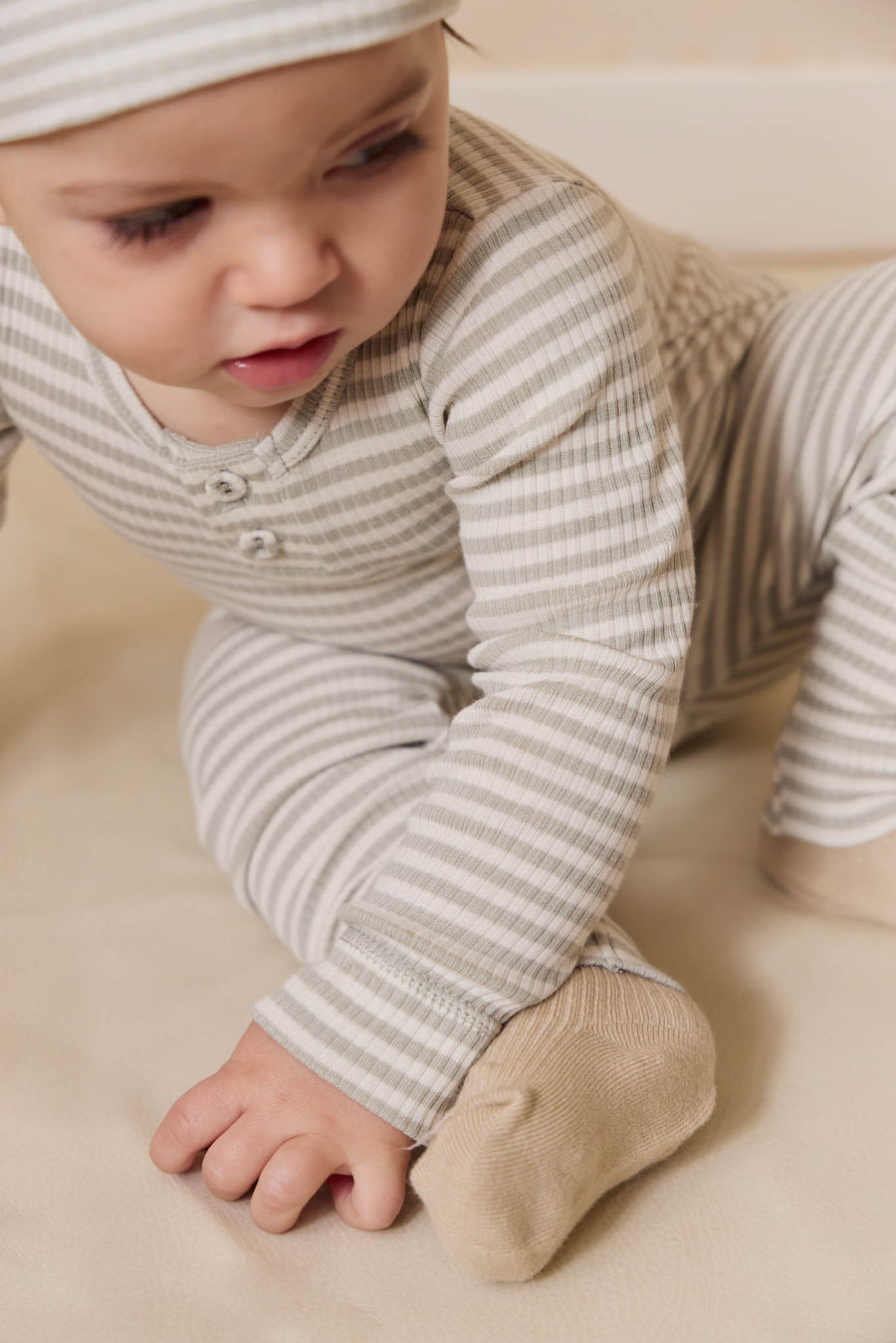 Organic Cotton Modal Long Sleeve Bodysuit - Narrow Stripe Moss/Cloud Childrens Bodysuit from Jamie Kay NZ